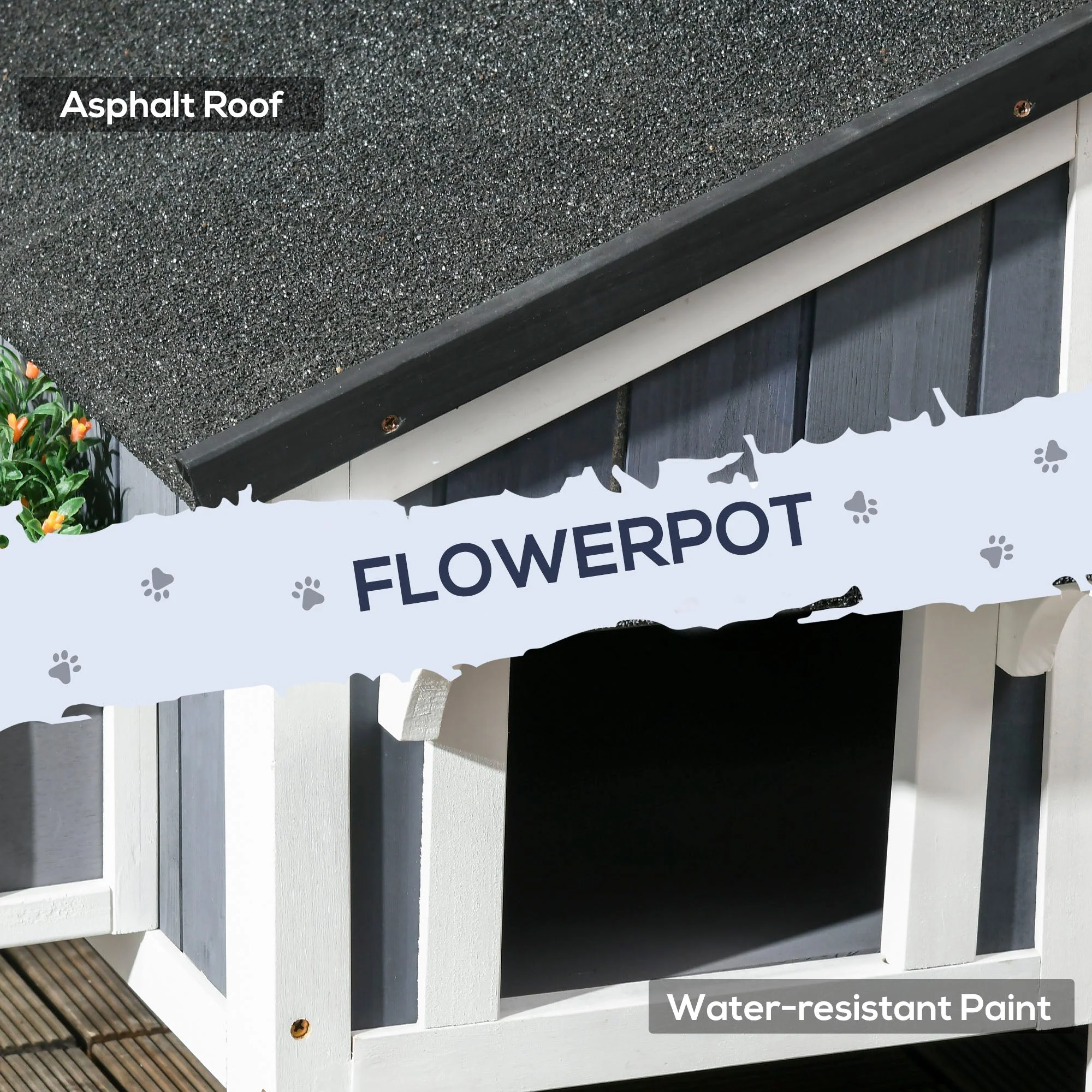 PawHut Wooden Outdoor Cat House with Flower Pot - Image 5