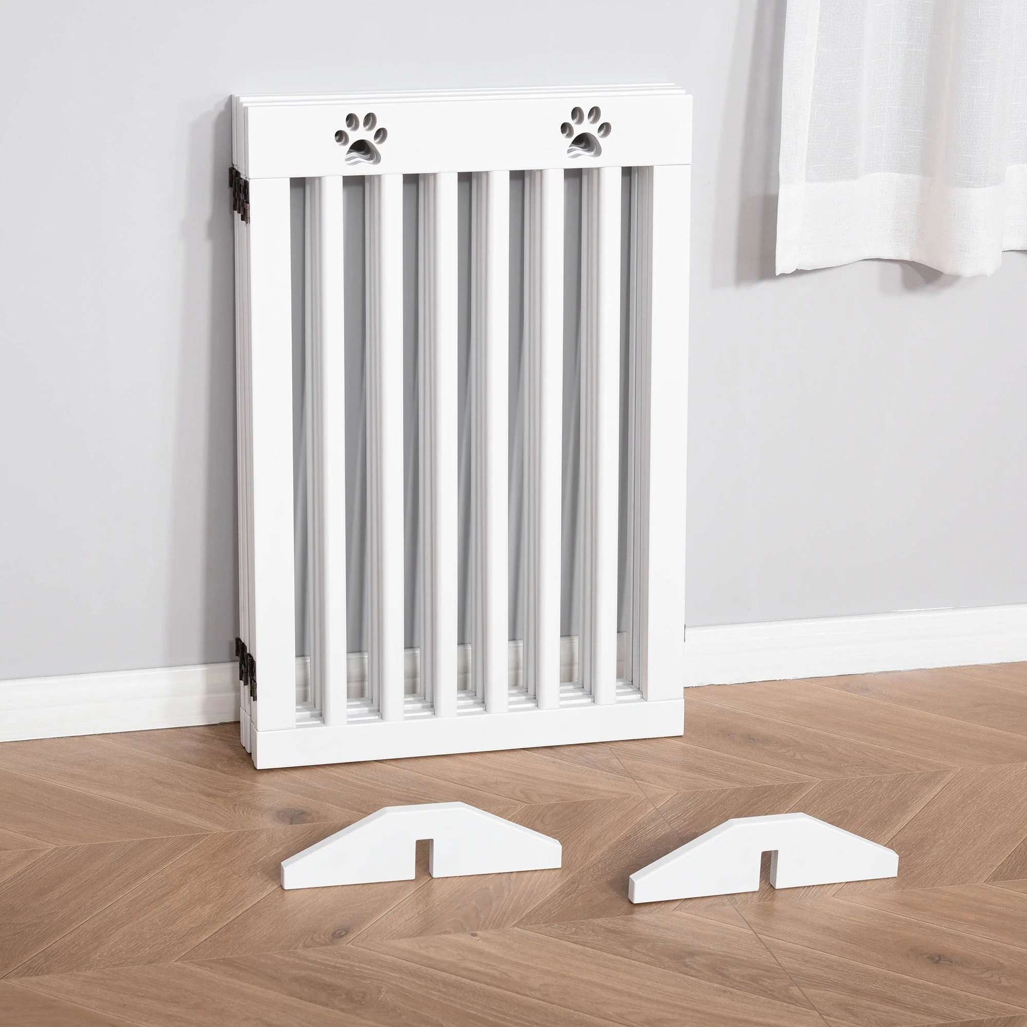PawHut Wooden Pet Gate Foldable Freestanding Dog Safety Barrier w/ Support Feet - Image 9
