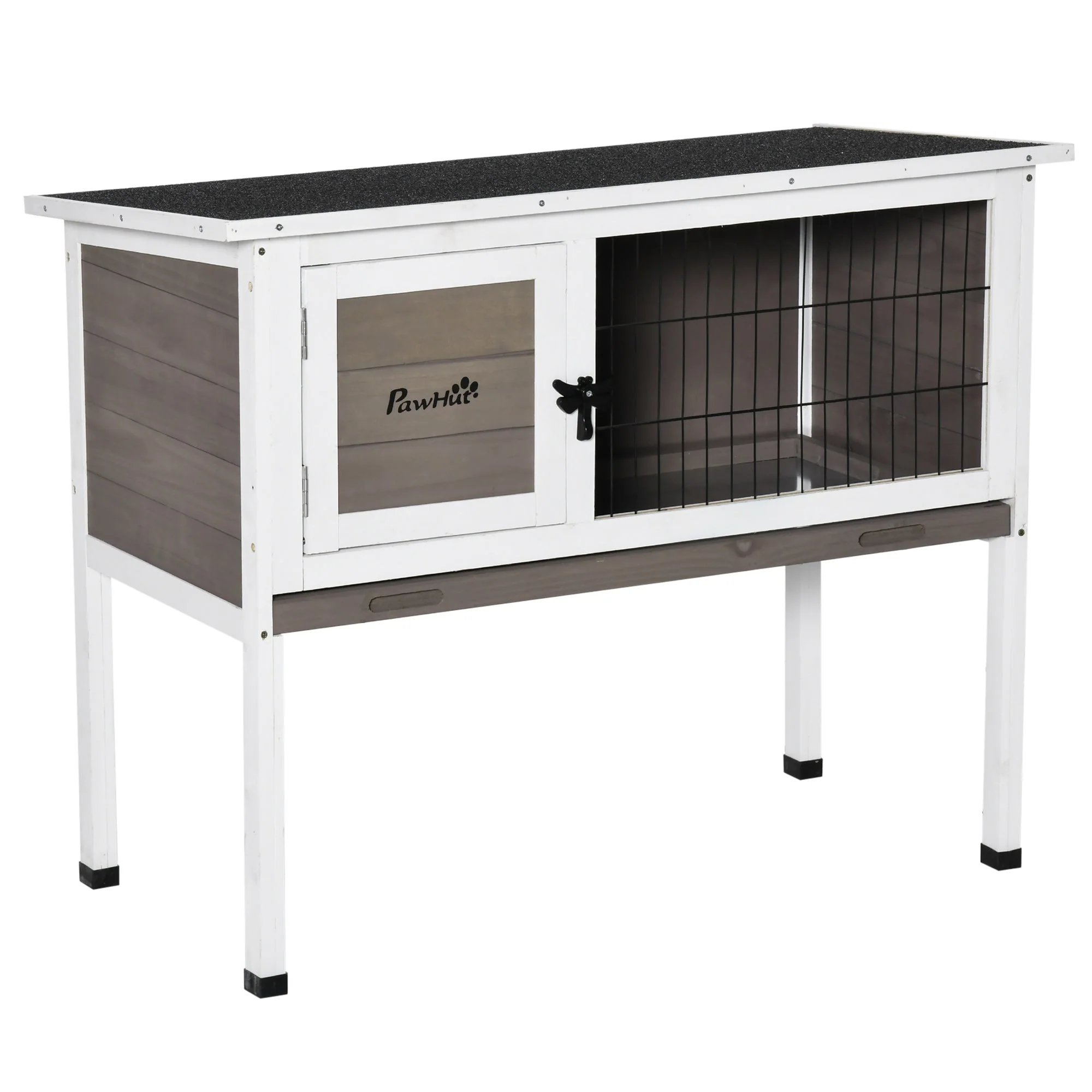 PawHut Wooden Rabbit Hutch Guinea Pig Hutch Bunny Cage Backyard Built in Tray Openable Asphalt Roof Small Animal House 86 x 45 x 70 cm Brown - Image 3