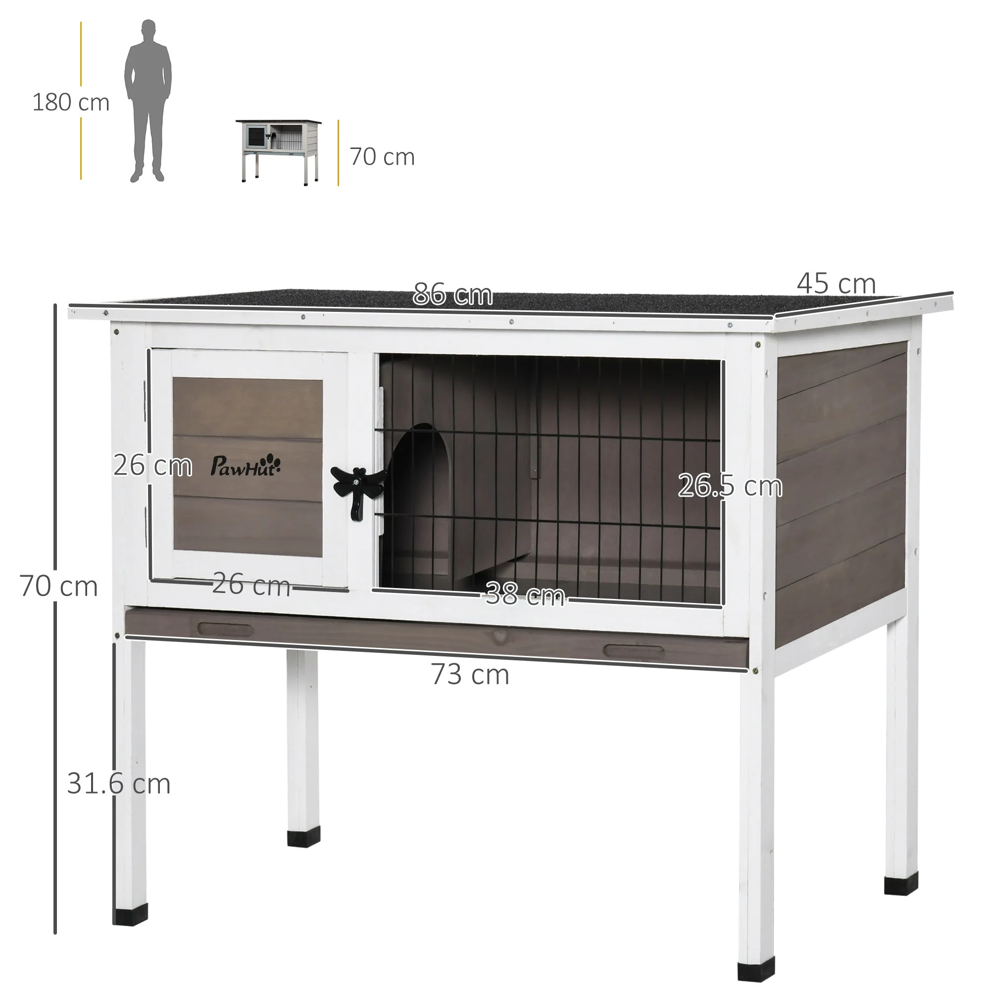 PawHut Wooden Rabbit Hutch Guinea Pig Hutch Bunny Cage Backyard Built in Tray Openable Asphalt Roof Small Animal House 86 x 45 x 70 cm Brown - Image 4