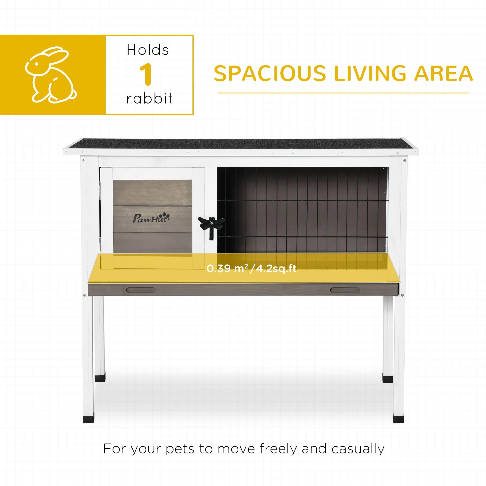 PawHut Wooden Rabbit Hutch Guinea Pig Hutch Bunny Cage Backyard Built in Tray Openable Asphalt Roof Small Animal House 86 x 45 x 70 cm Brown - Image 5