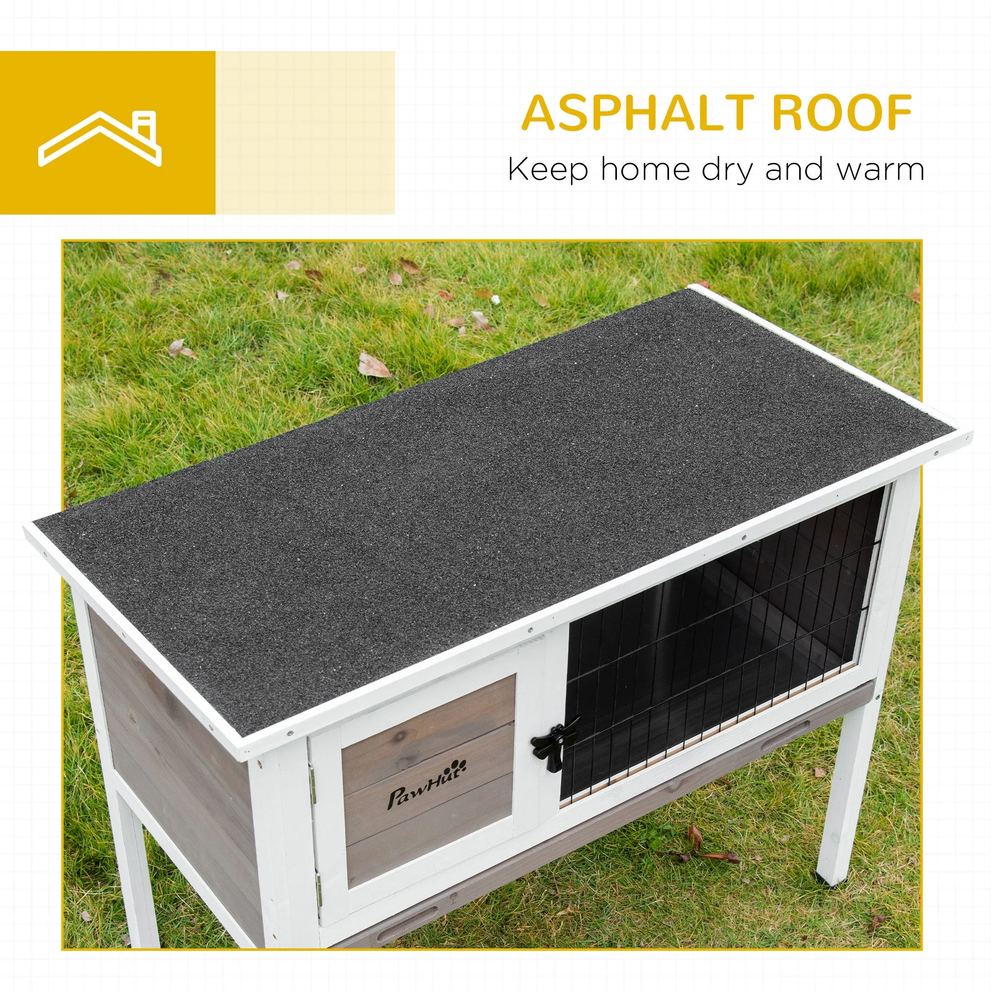 PawHut Wooden Rabbit Hutch Guinea Pig Hutch Bunny Cage Backyard Built in Tray Openable Asphalt Roof Small Animal House 86 x 45 x 70 cm Brown - Image 6