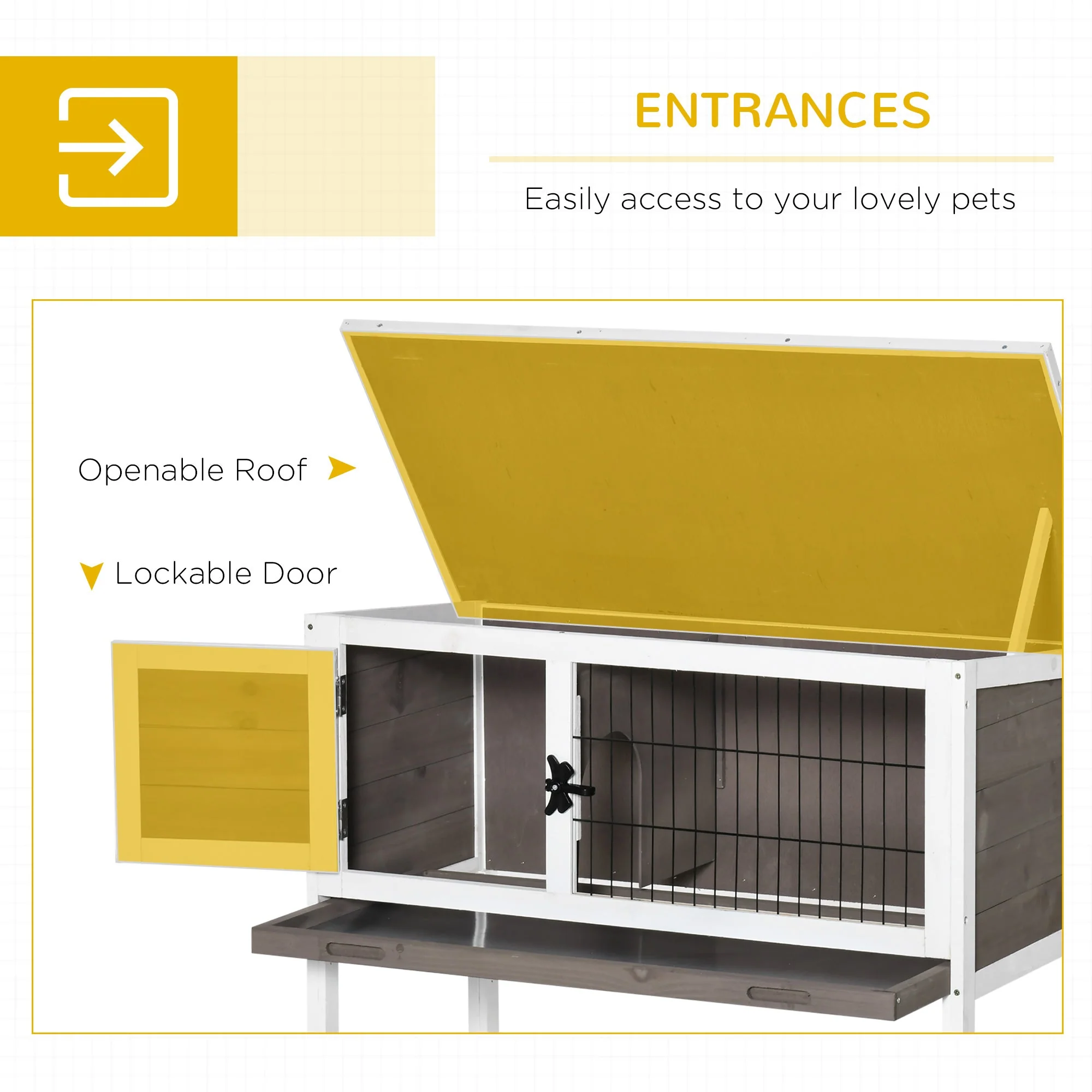 PawHut Wooden Rabbit Hutch Guinea Pig Hutch Bunny Cage Backyard Built in Tray Openable Asphalt Roof Small Animal House 86 x 45 x 70 cm Brown - Image 7