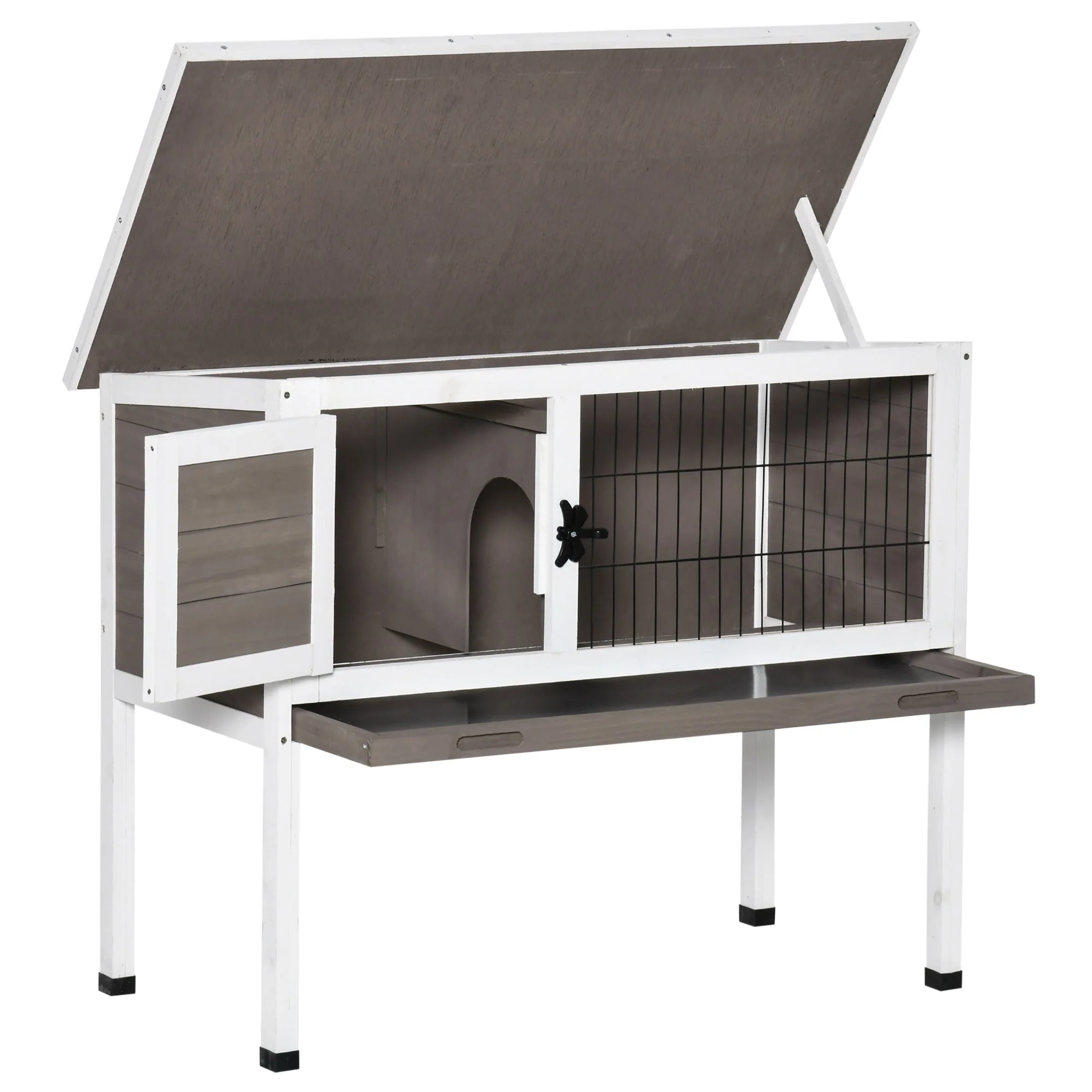 PawHut Wooden Rabbit Hutch Guinea Pig Hutch Bunny Cage Backyard Built in Tray Openable Asphalt Roof Small Animal House 86 x 45 x 70 cm Brown - Image 8