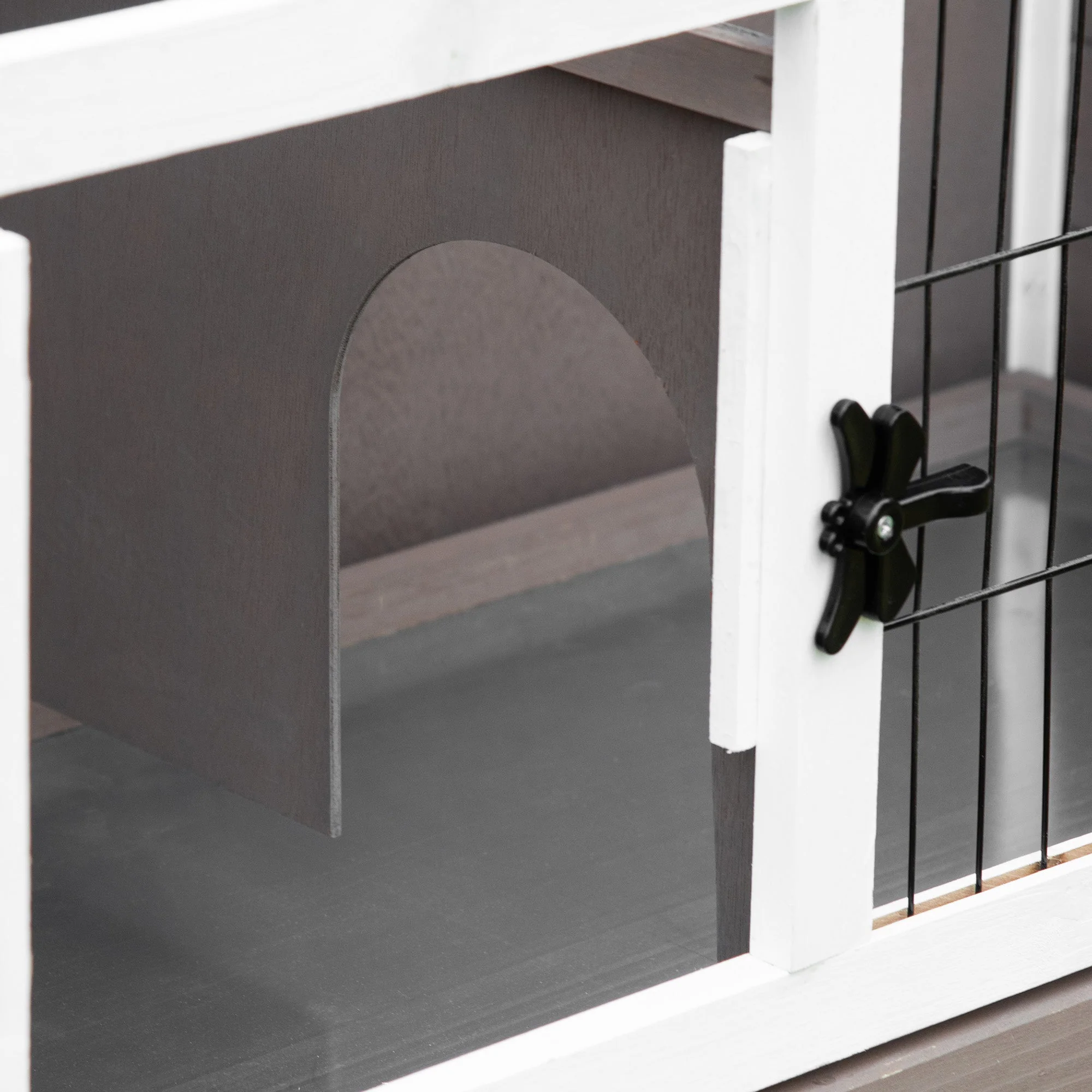 PawHut Wooden Rabbit Hutch Guinea Pig Hutch Bunny Cage Backyard Built in Tray Openable Asphalt Roof Small Animal House 86 x 45 x 70 cm Brown - Image 9