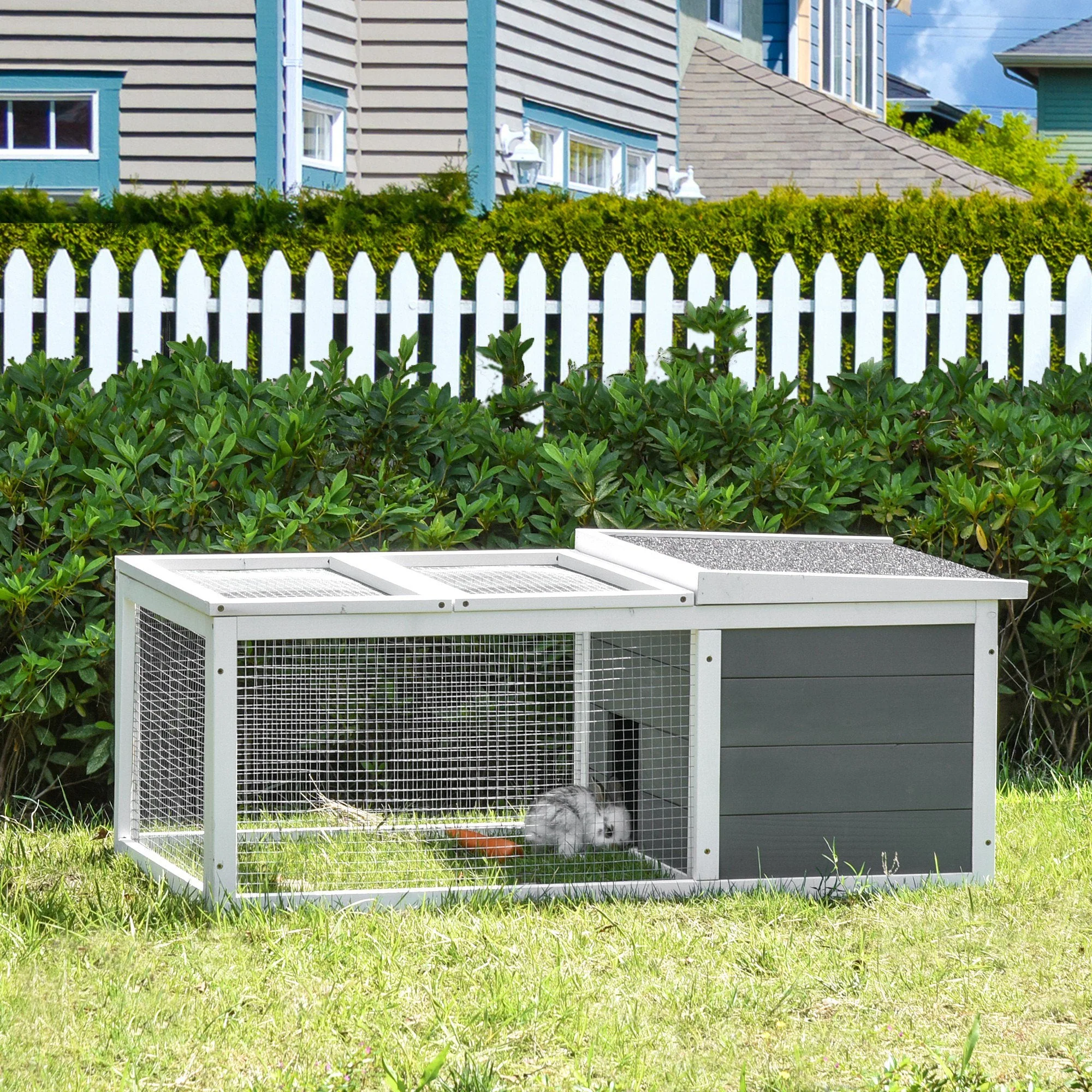 PawHut Wooden Rabbit Hutch Guinea Pig Small Animal Cage Rabbit Run Duck House Asphalt roof Indoor Outdoor 115 x 66 x 47.5 cm - Image 4