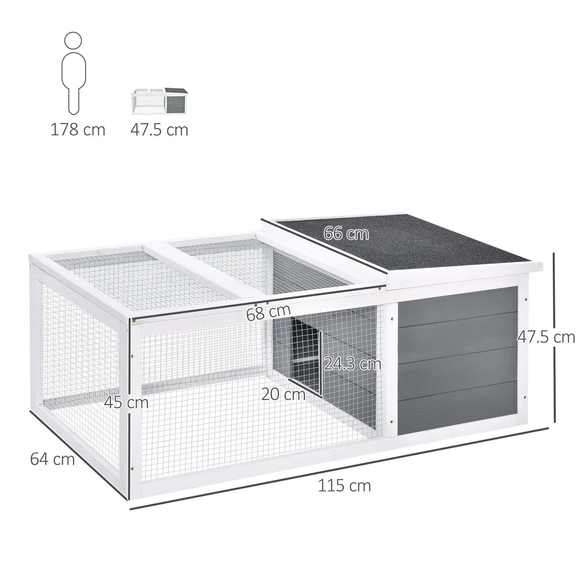 PawHut Wooden Rabbit Hutch Guinea Pig Small Animal Cage Rabbit Run Duck House Asphalt roof Indoor Outdoor 115 x 66 x 47.5 cm - Image 5