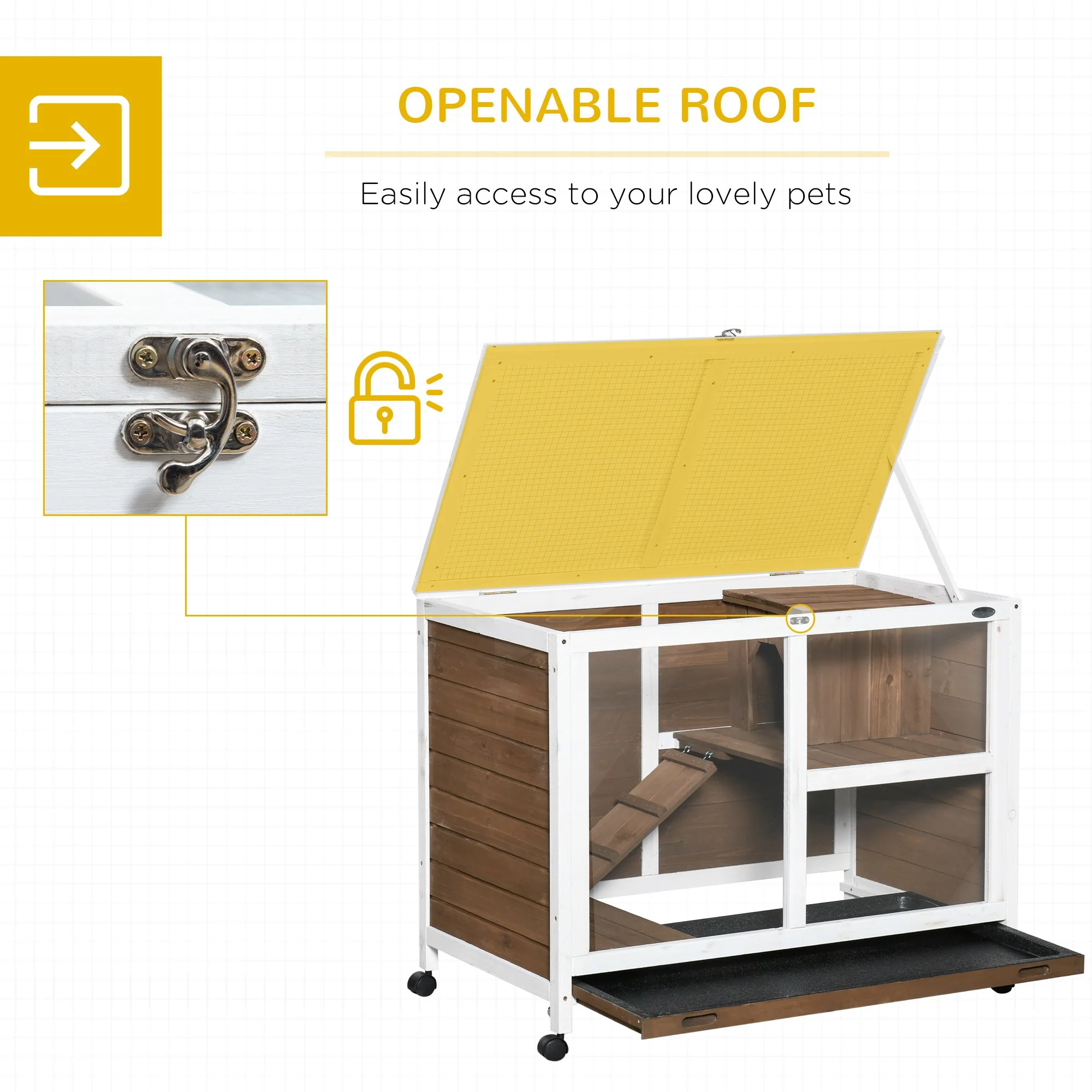 PawHut Wooden Rabbit Hutch Guinea Pigs House Bunny Small Animal Cage W/ Pull-out Tray Openable Roof Wheels 91.5 x 53.3 x 73 cm - Image 2