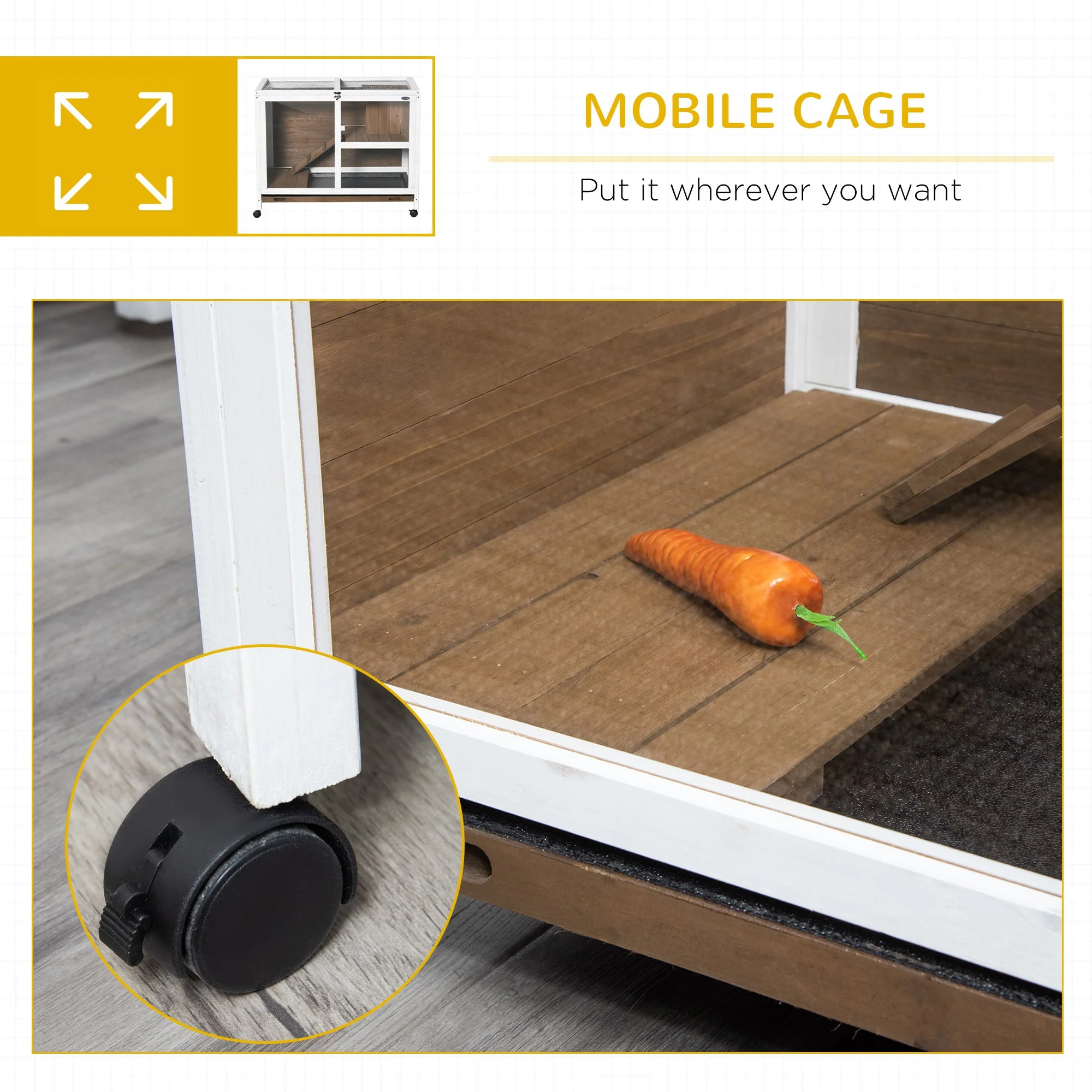 PawHut Wooden Rabbit Hutch Guinea Pigs House Bunny Small Animal Cage W/ Pull-out Tray Openable Roof Wheels 91.5 x 53.3 x 73 cm - Image 6