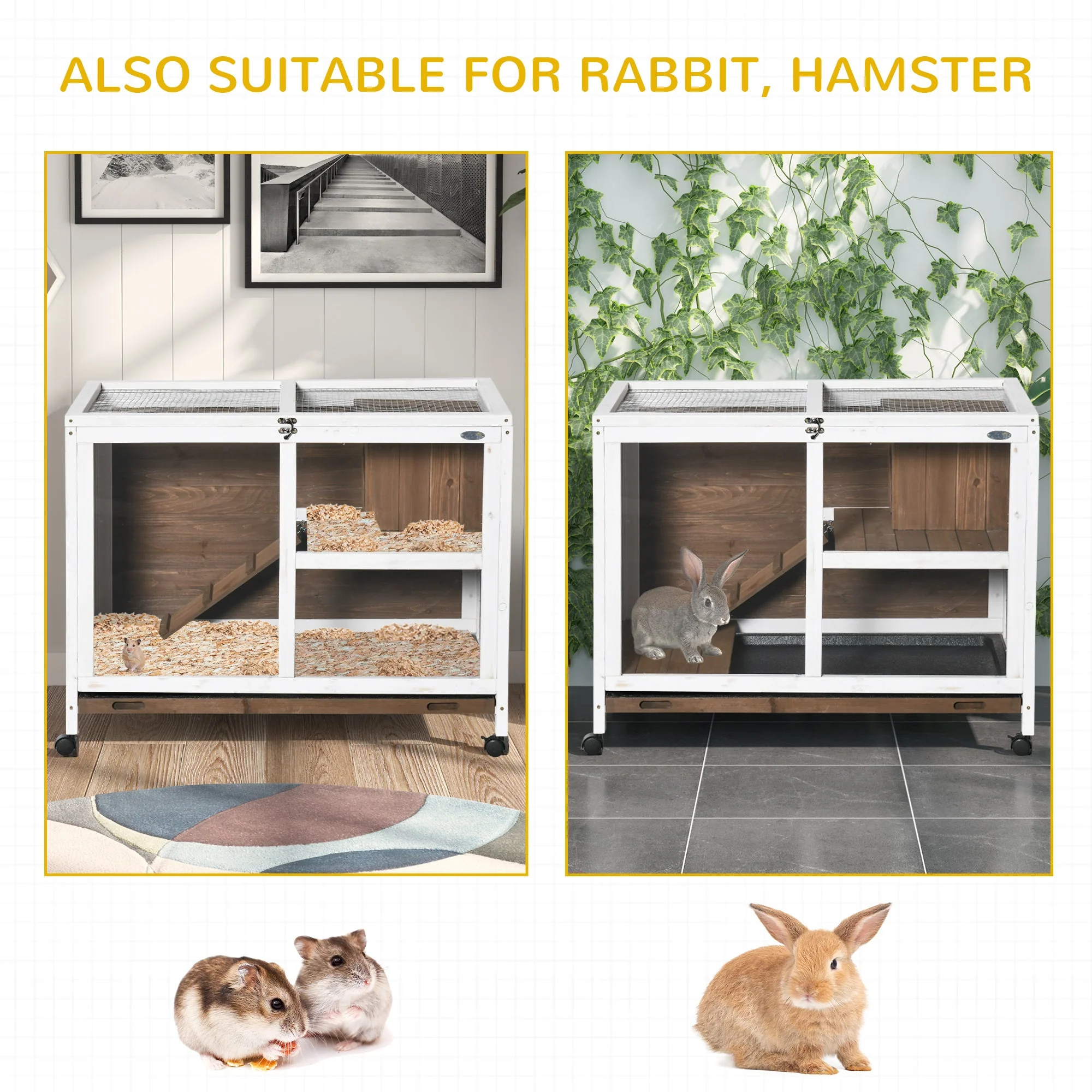 PawHut Wooden Rabbit Hutch Guinea Pigs House Bunny Small Animal Cage W/ Pull-out Tray Openable Roof Wheels 91.5 x 53.3 x 73 cm - Image 7
