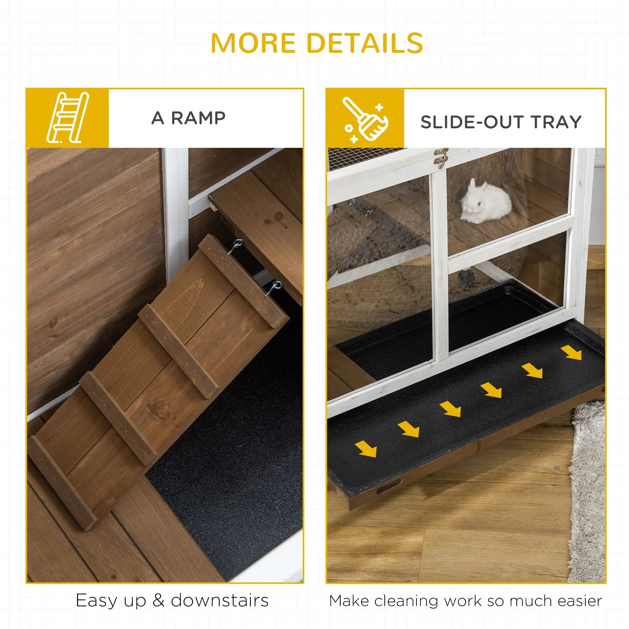 PawHut Wooden Rabbit Hutch Guinea Pigs House Bunny Small Animal Cage W/ Pull-out Tray Openable Roof Wheels 91.5 x 53.3 x 73 cm - Image 8