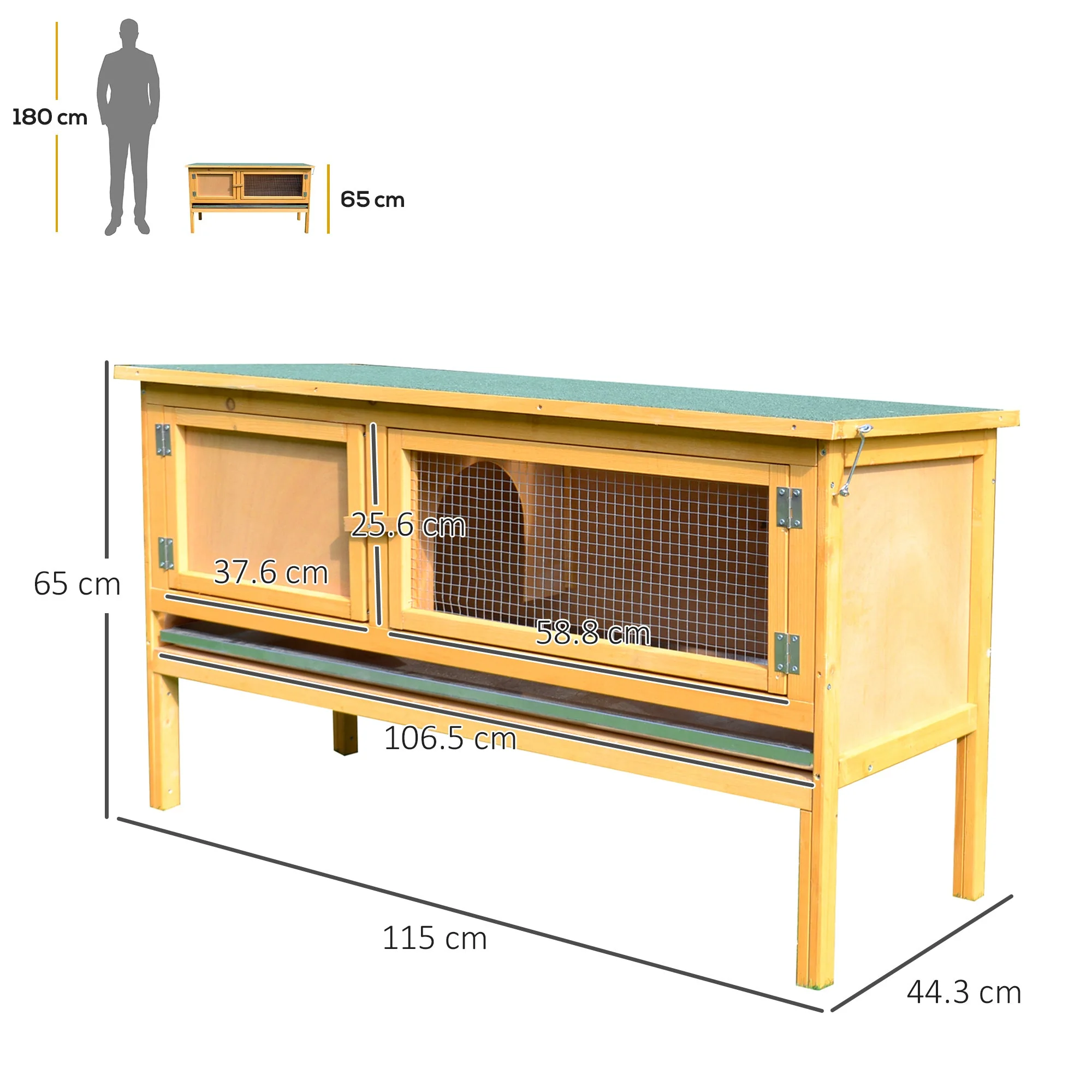 PawHut Wooden Rabbit Hutch Guinea Pigs House Outdoor Small Animal Bunny Cage w/ Hinged Top Slide out Tray 115 x 44.3 x 65 cm - Image 5