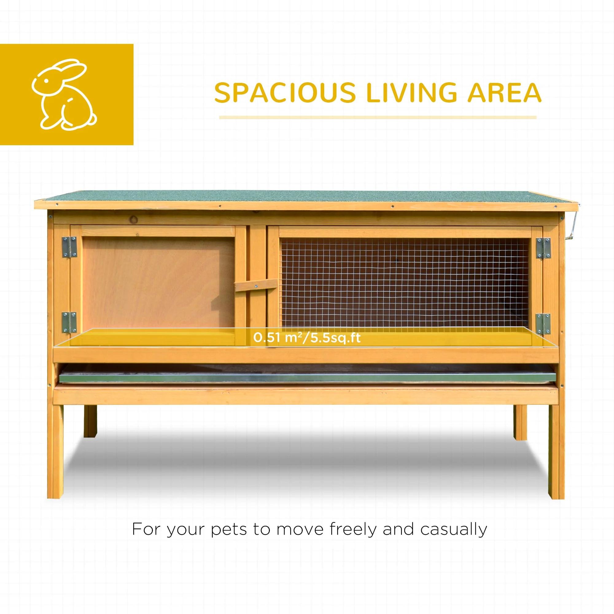 PawHut Wooden Rabbit Hutch Guinea Pigs House Outdoor Small Animal Bunny Cage w/ Hinged Top Slide out Tray 115 x 44.3 x 65 cm - Image 6