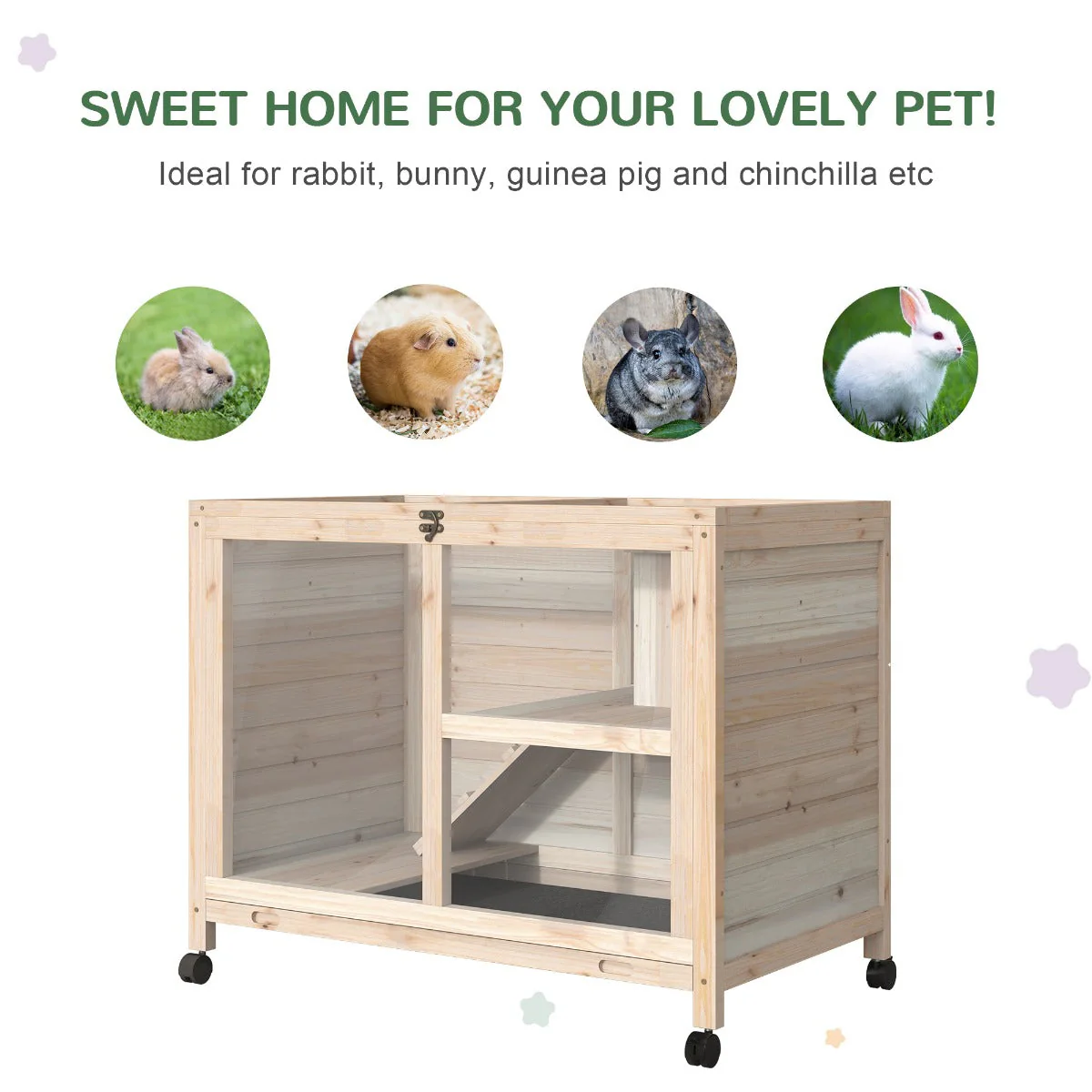 PawHut Wooden Rabbit Hutch Guinea Pigs House Small Animals Fir Wood Indoor Hutch - Image 4