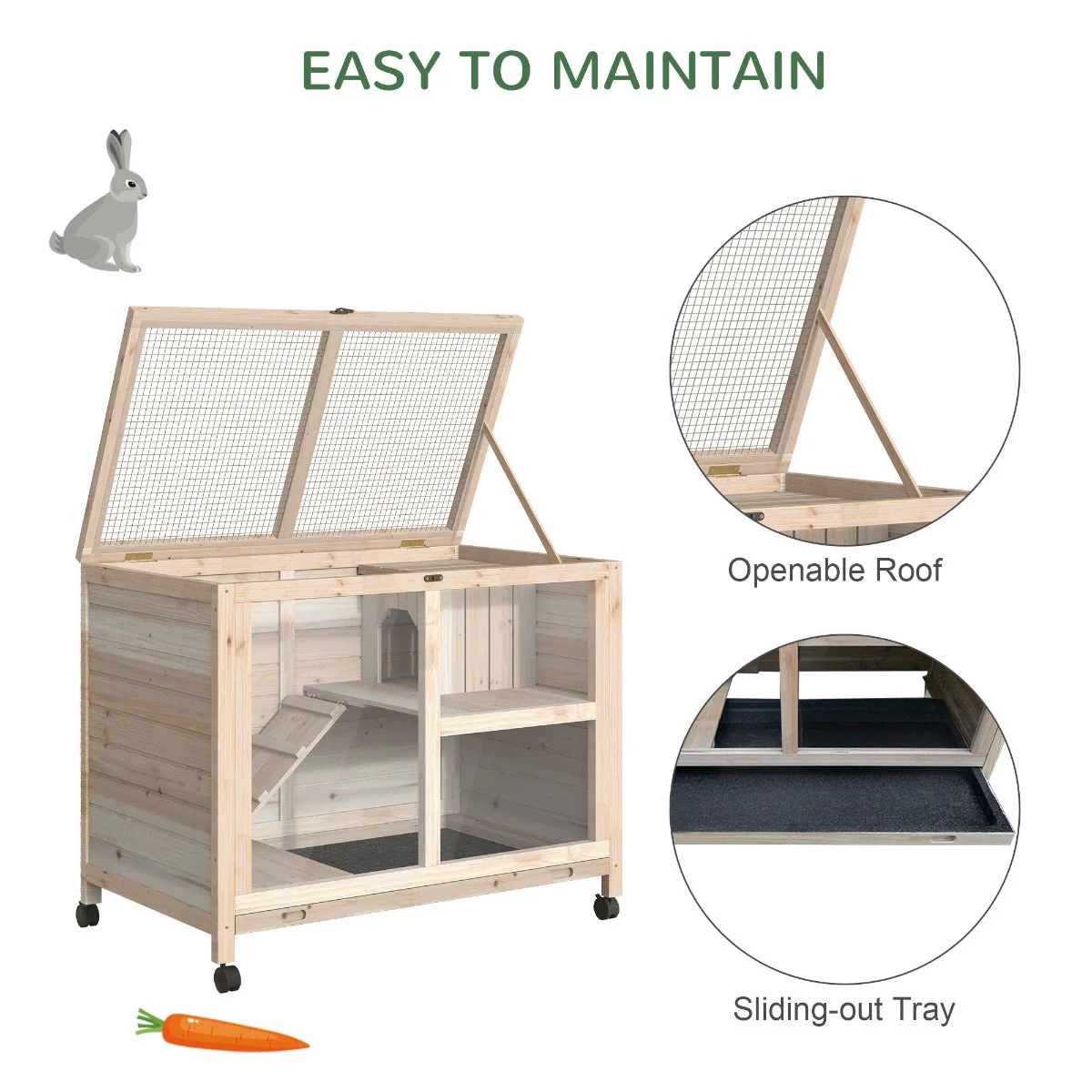 PawHut Wooden Rabbit Hutch Guinea Pigs House Small Animals Fir Wood Indoor Hutch - Image 5