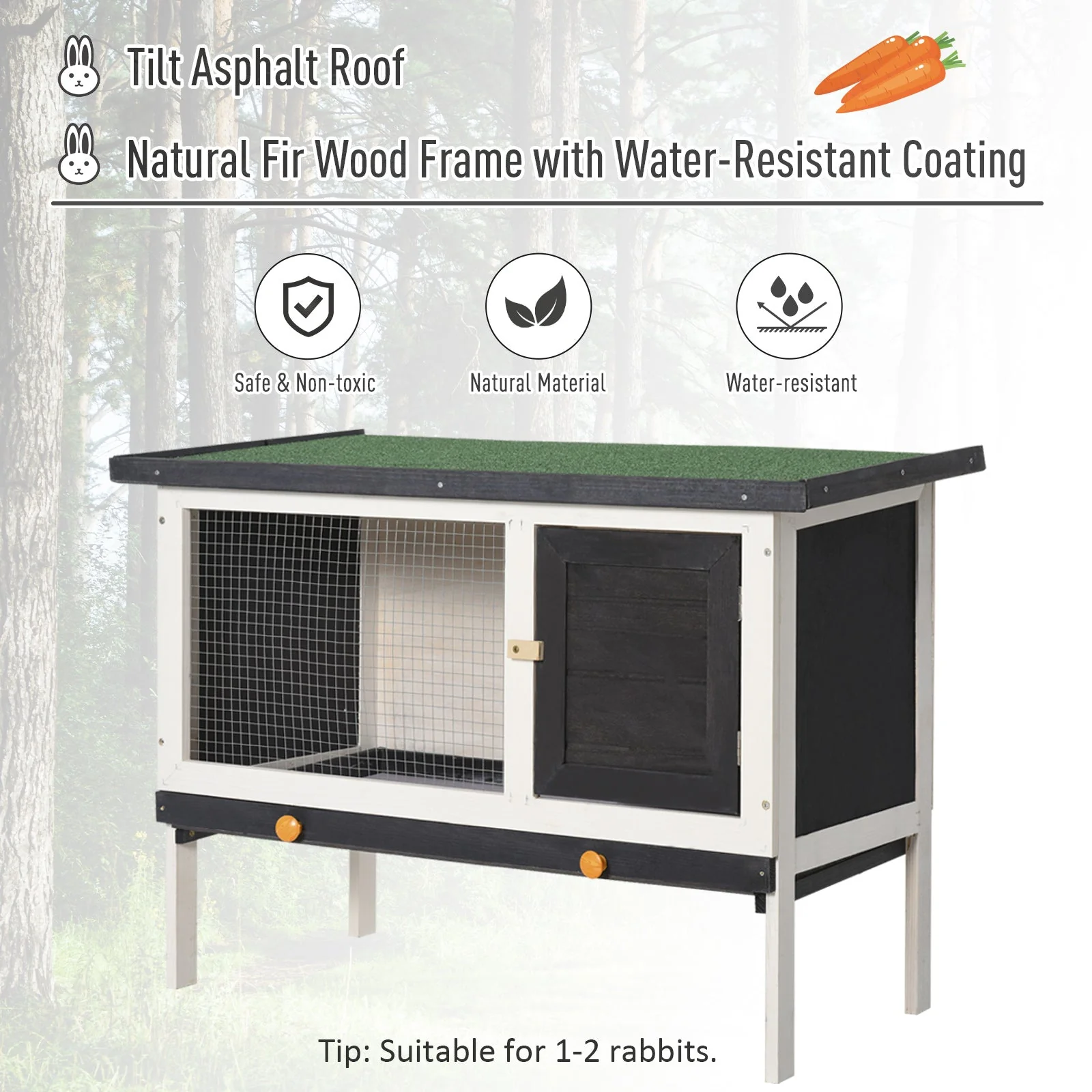 PawHut Wooden Rabbit Hutch Small Animal Habitat w/ Dropping Tray Opeanble Asphalt Roof - Image 6