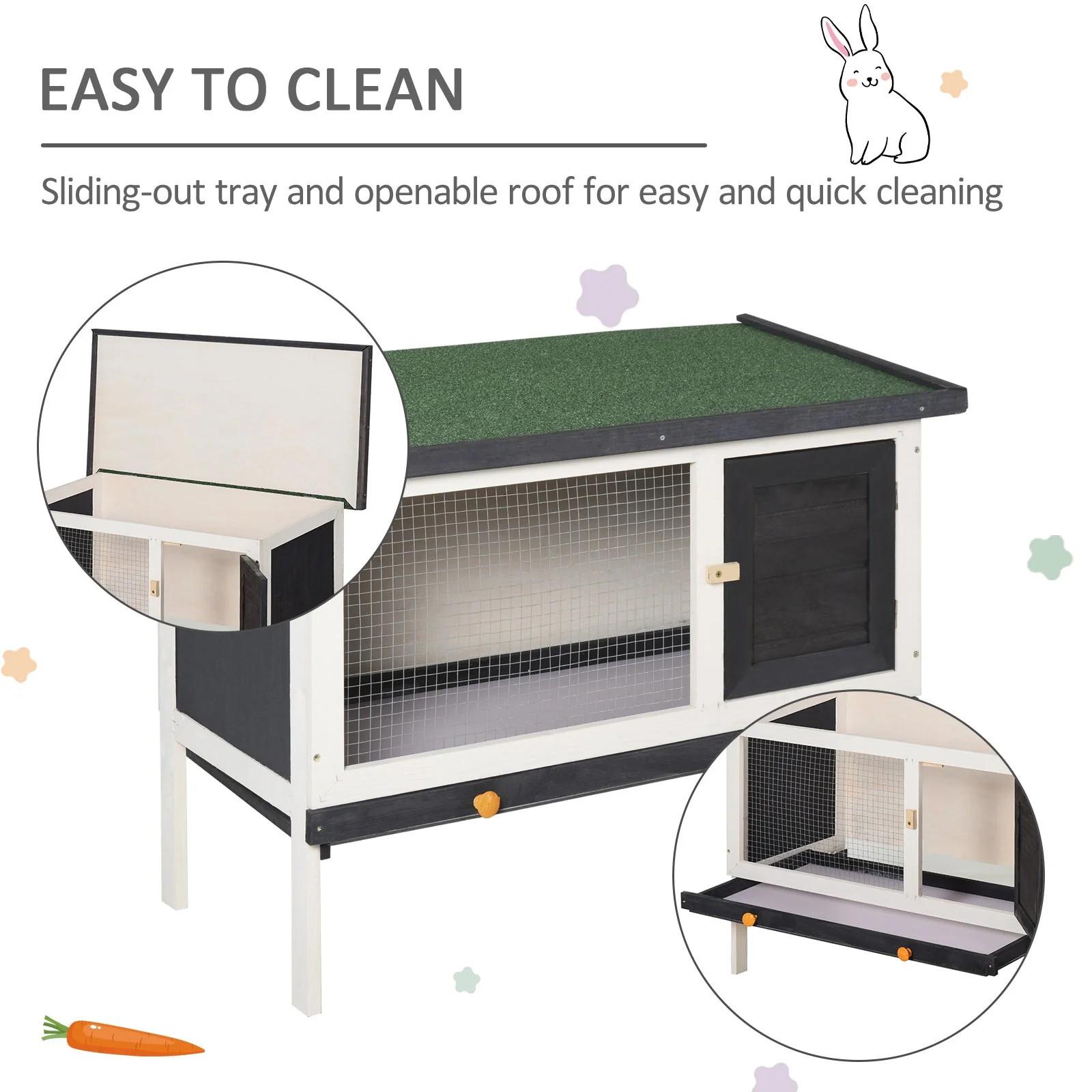 PawHut Wooden Rabbit Hutch Small Animal Habitat w/ Dropping Tray Opeanble Asphalt Roof - Image 7