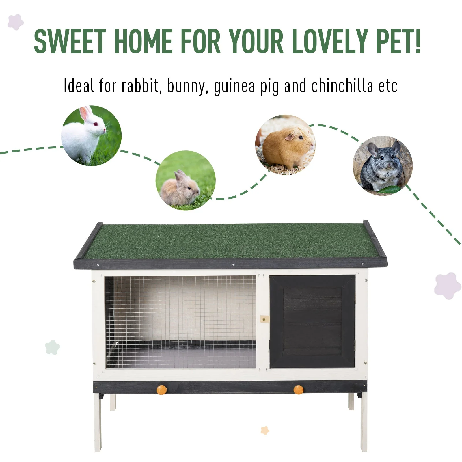 PawHut Wooden Rabbit Hutch Small Animal Habitat w/ Dropping Tray Opeanble Asphalt Roof - Image 8