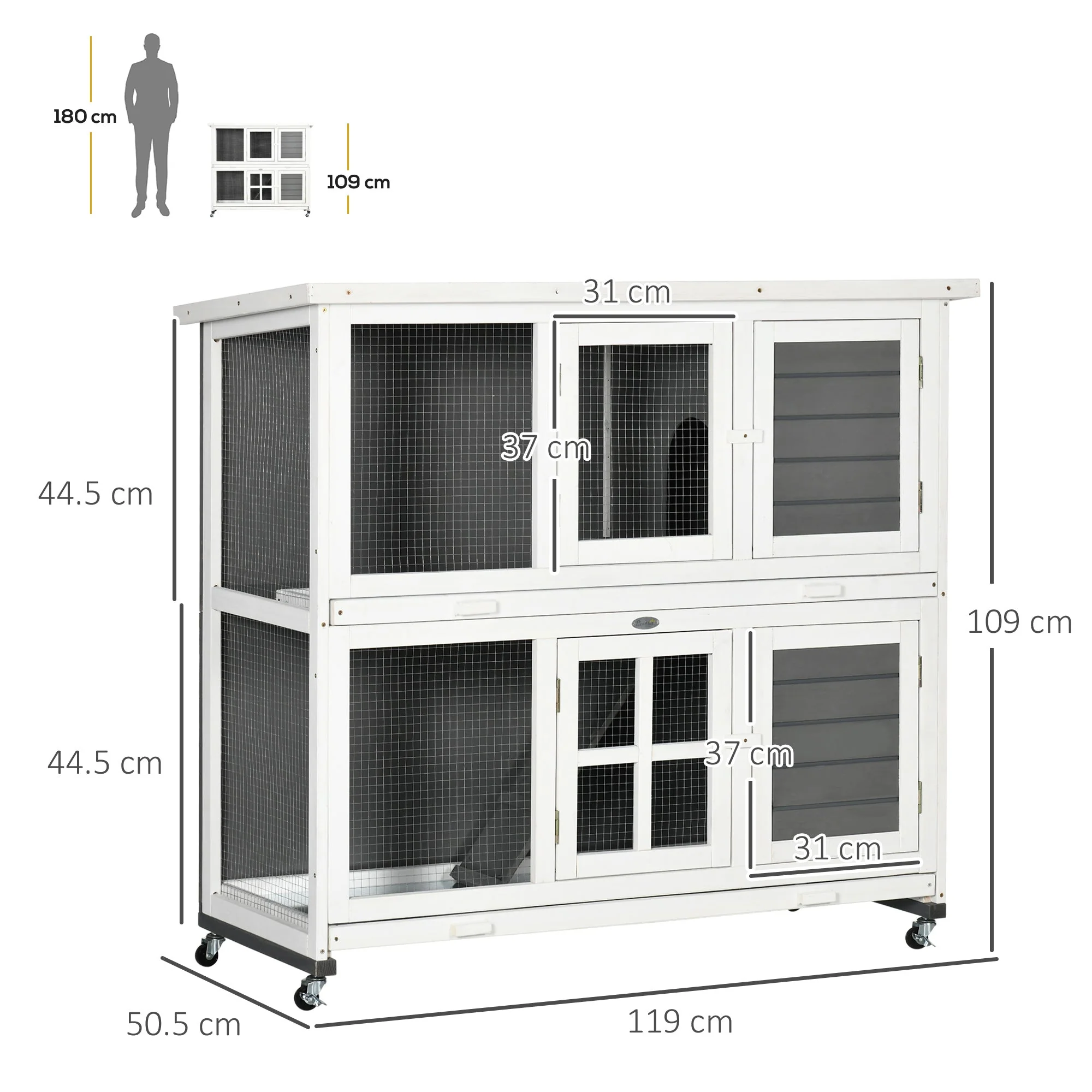 PawHut Wooden Rabbit Hutch with Wheels - Image 4
