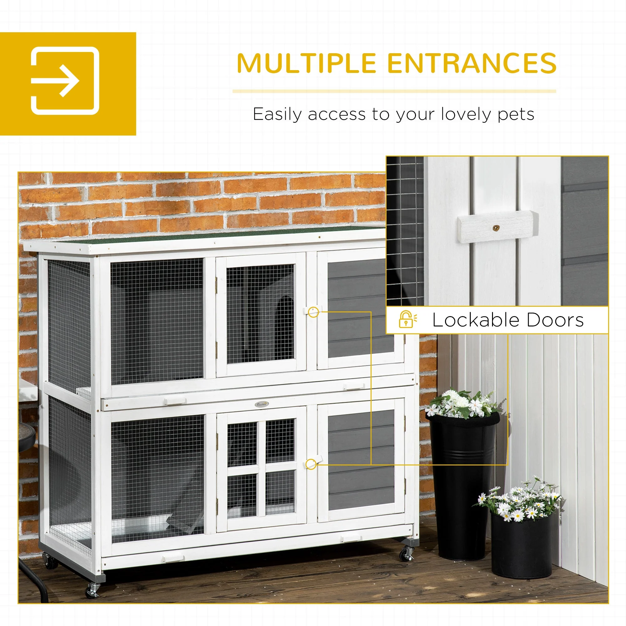 PawHut Wooden Rabbit Hutch with Wheels - Image 6