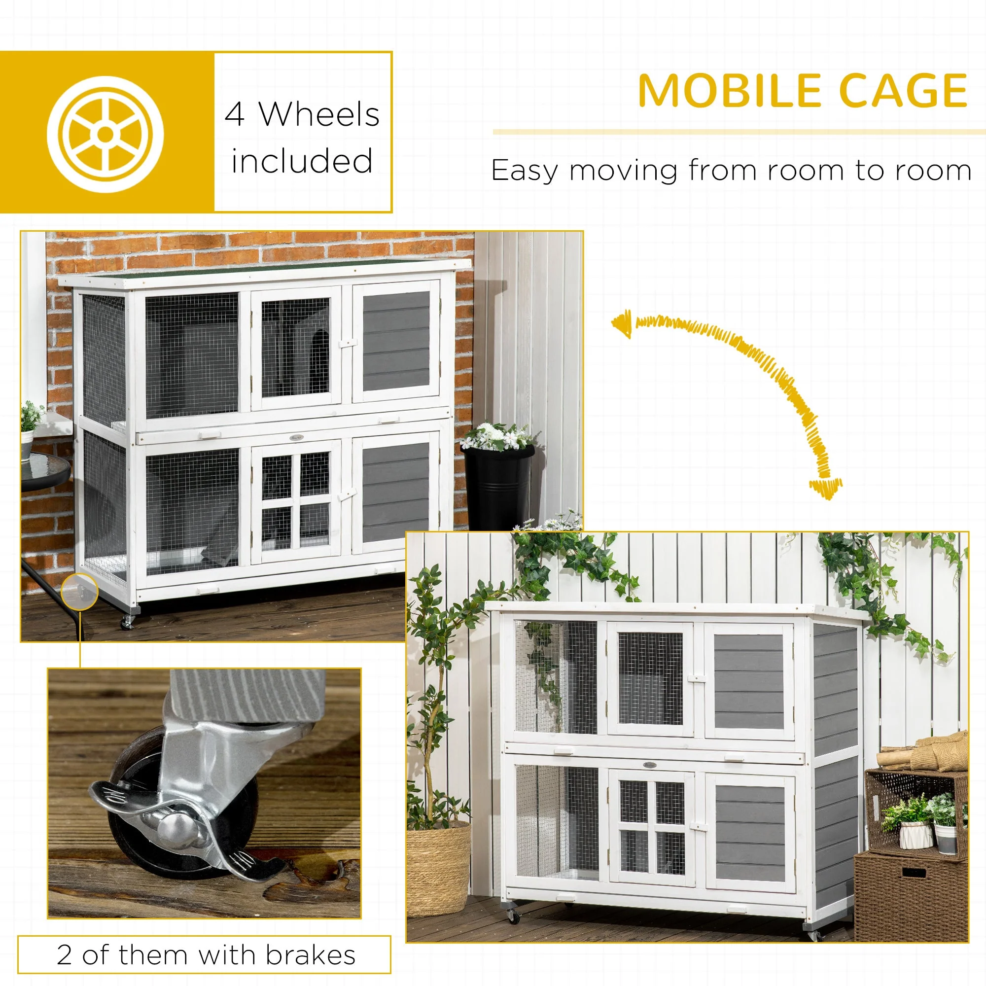 PawHut Wooden Rabbit Hutch with Wheels - Image 8