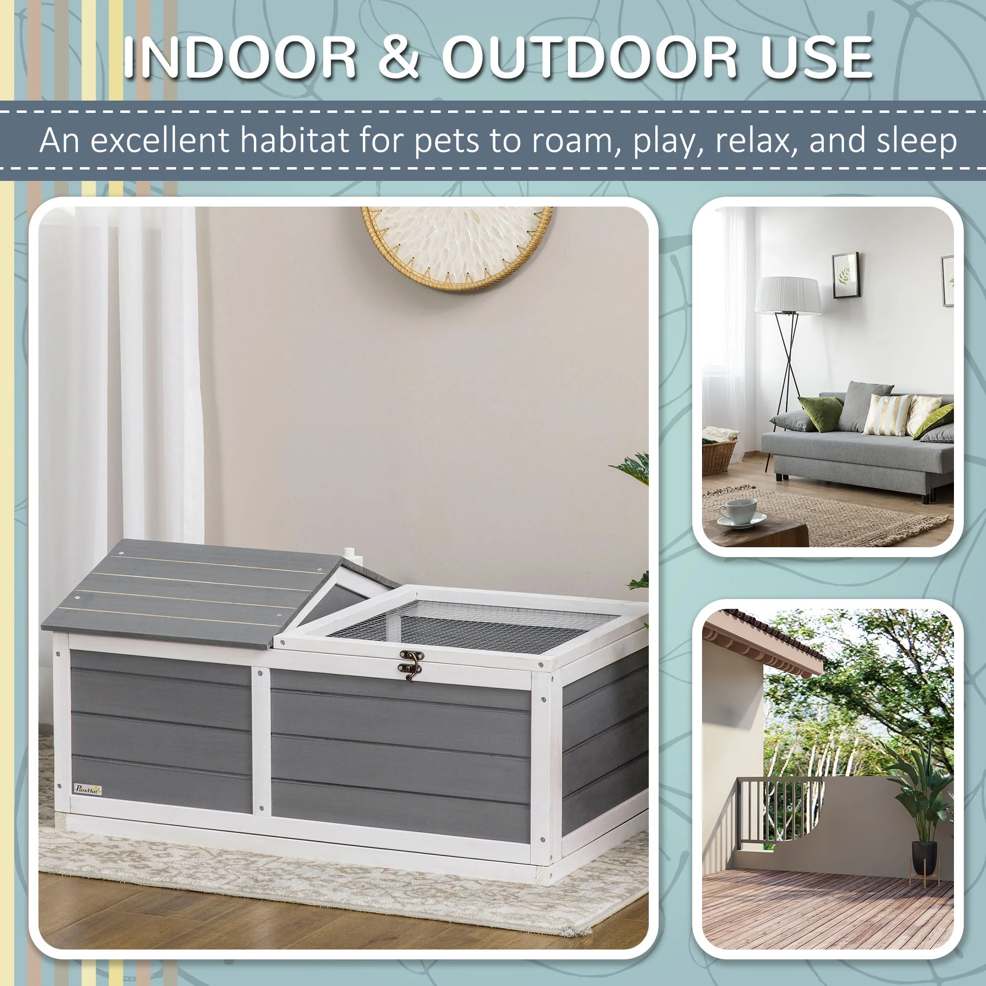 Pawhut Wooden Tortoise House Small Pet Reptile Shelter With Hide Den And Run - Grey - Image 6