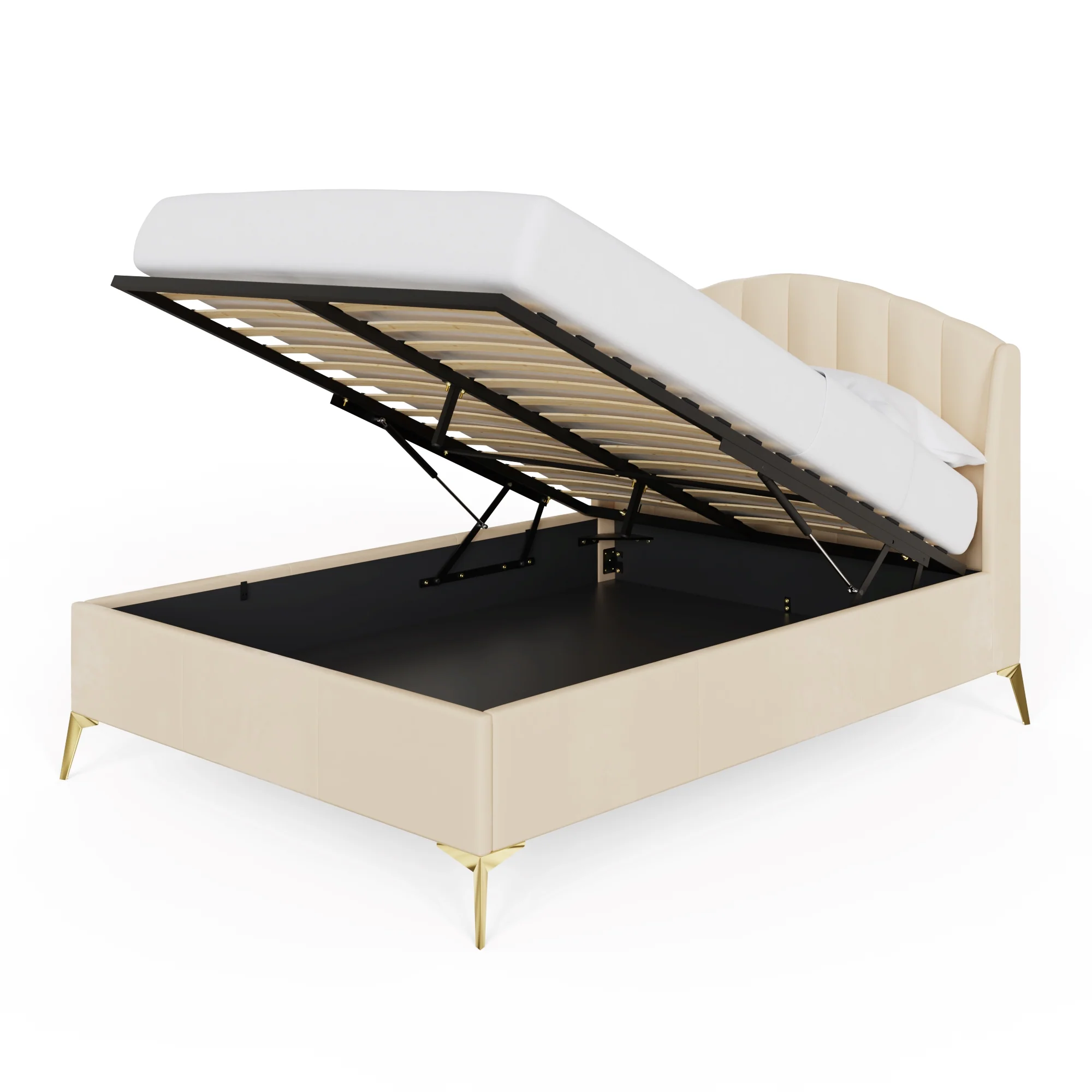 Pettine Double Ottoman Bed Wood & Fabric Natural 5 x 7ft - Image 2