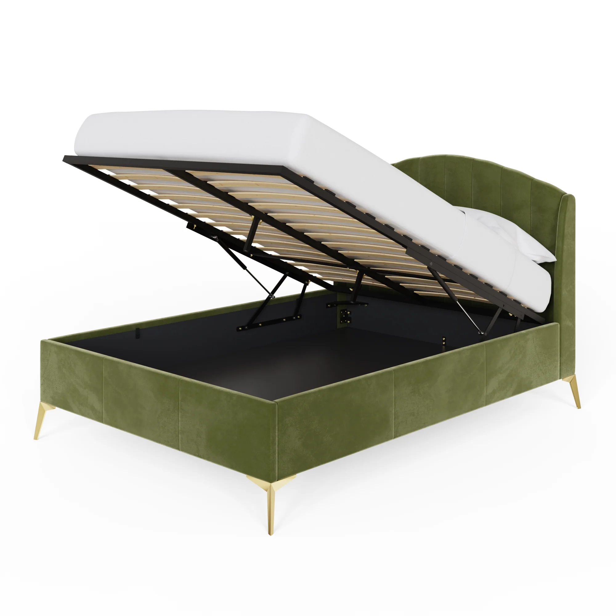 Pettine King Size Ottoman Bed Wood & Fabric Green 5 x 7ft - Image 2