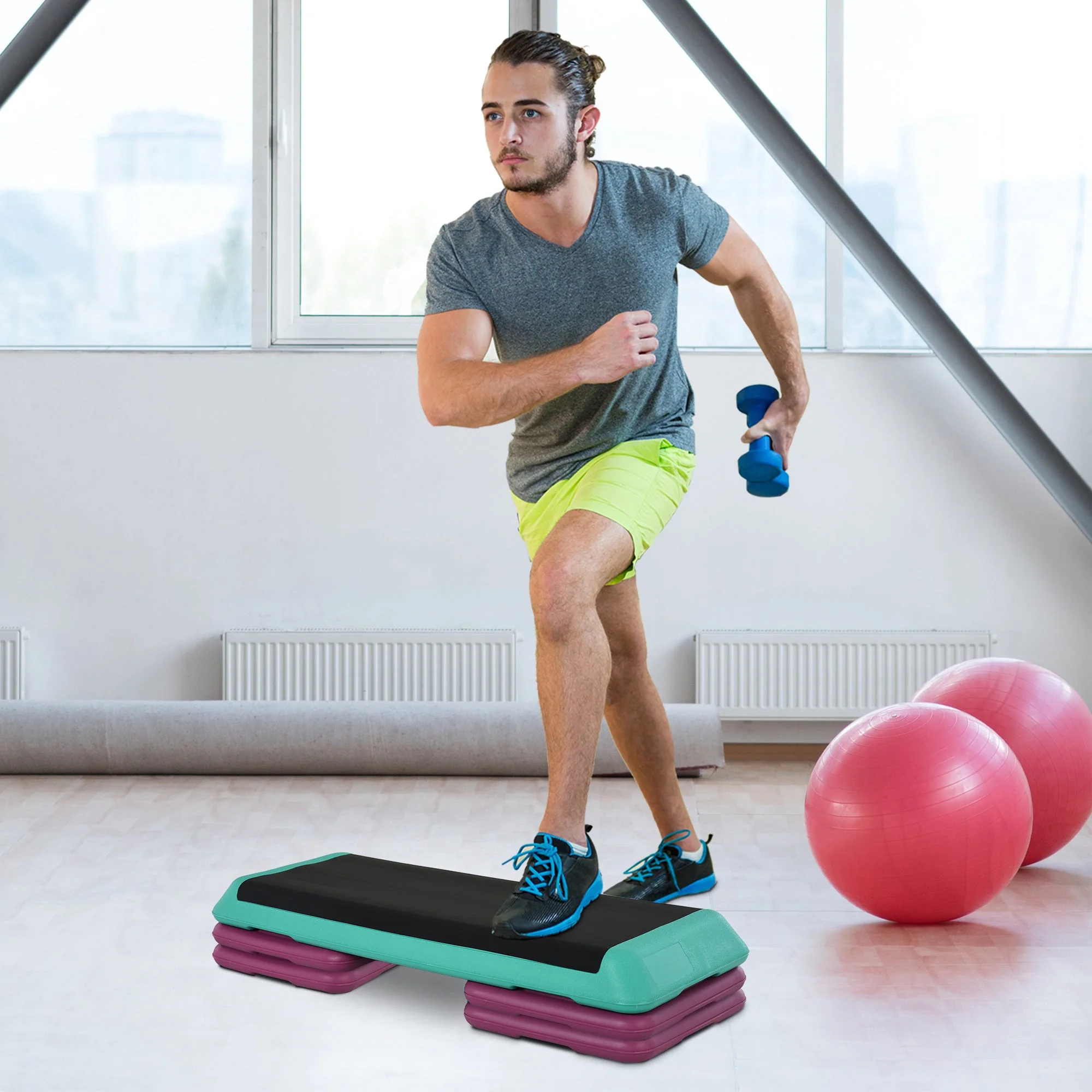 Plastic Adjustable 3-Level Exercise Step Aerobic Stepper Green/Purple - Image 2