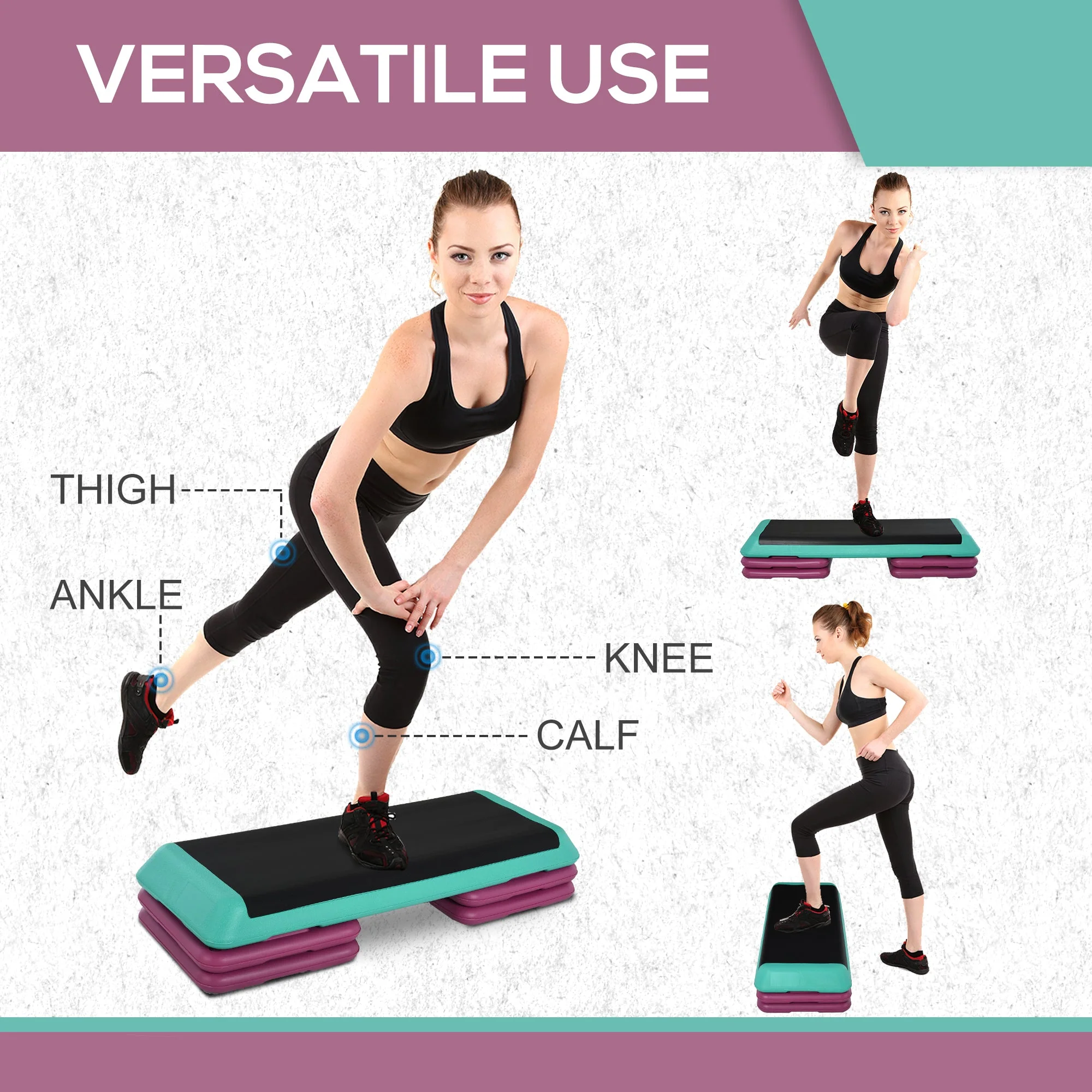 Plastic Adjustable 3-Level Exercise Step Aerobic Stepper Green/Purple - Image 4