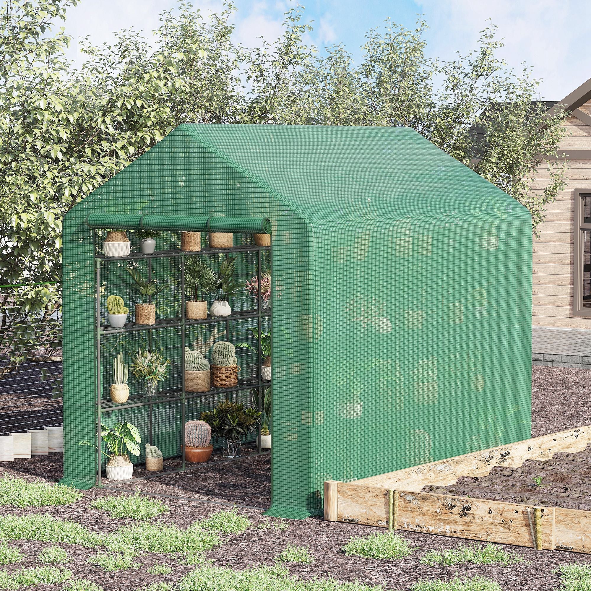 Poly Tunnel Steeple Walk in Garden Greenhouse with Removable Cover Shelves - Green 244 x 180 x 210cm - Image 2