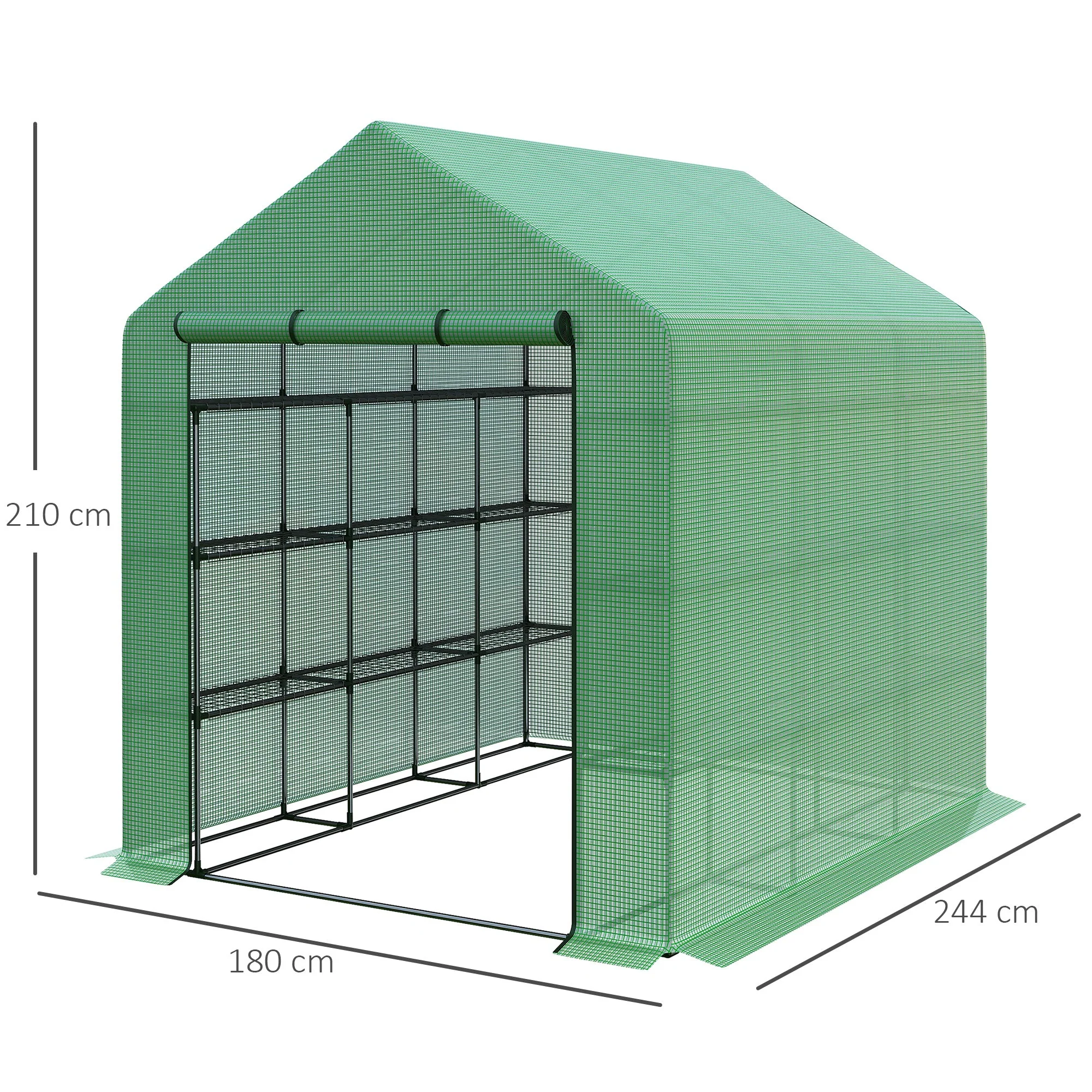 Poly Tunnel Steeple Walk in Garden Greenhouse with Removable Cover Shelves - Green 244 x 180 x 210cm - Image 3