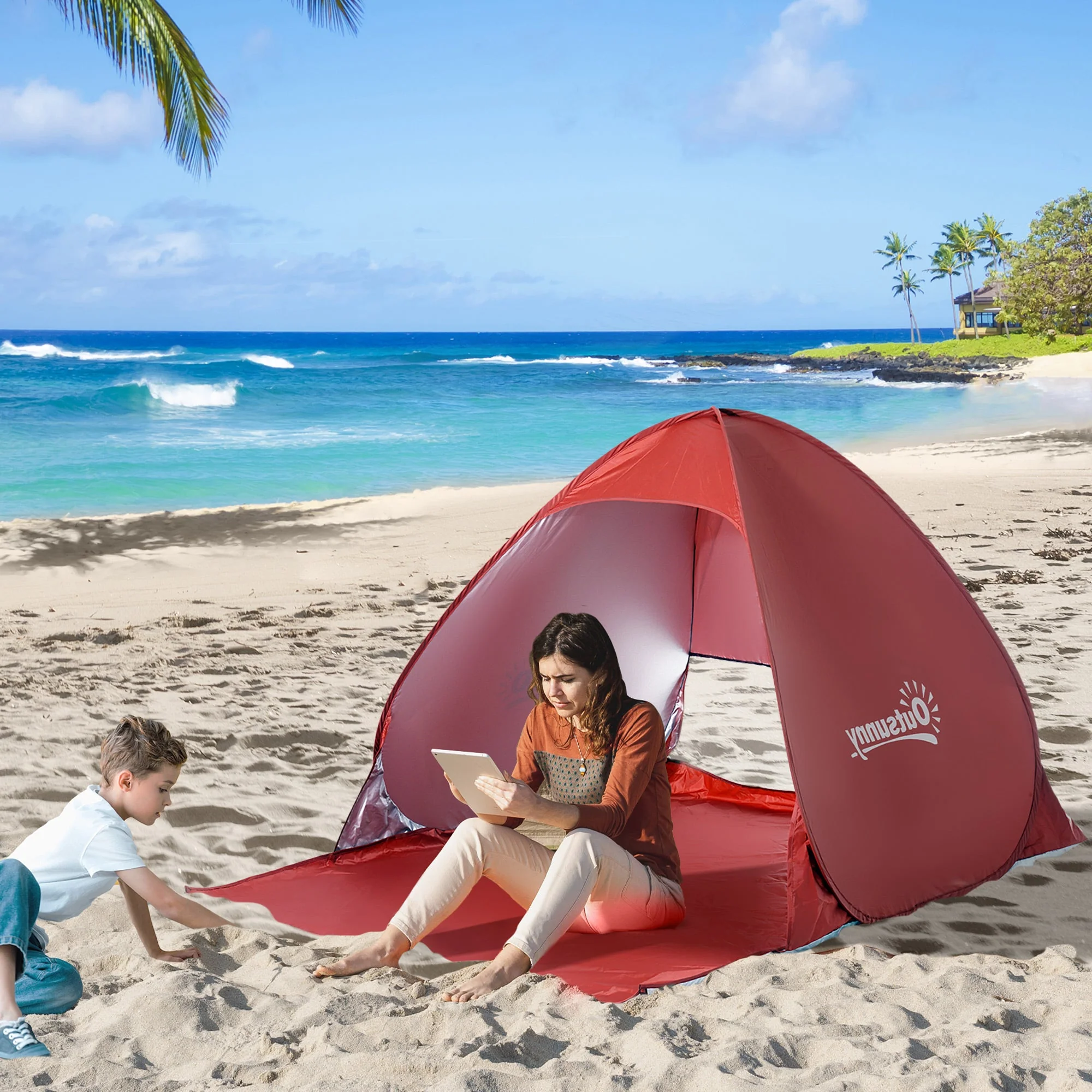 Pop-up Portable Beach Tent-Red - Image 2
