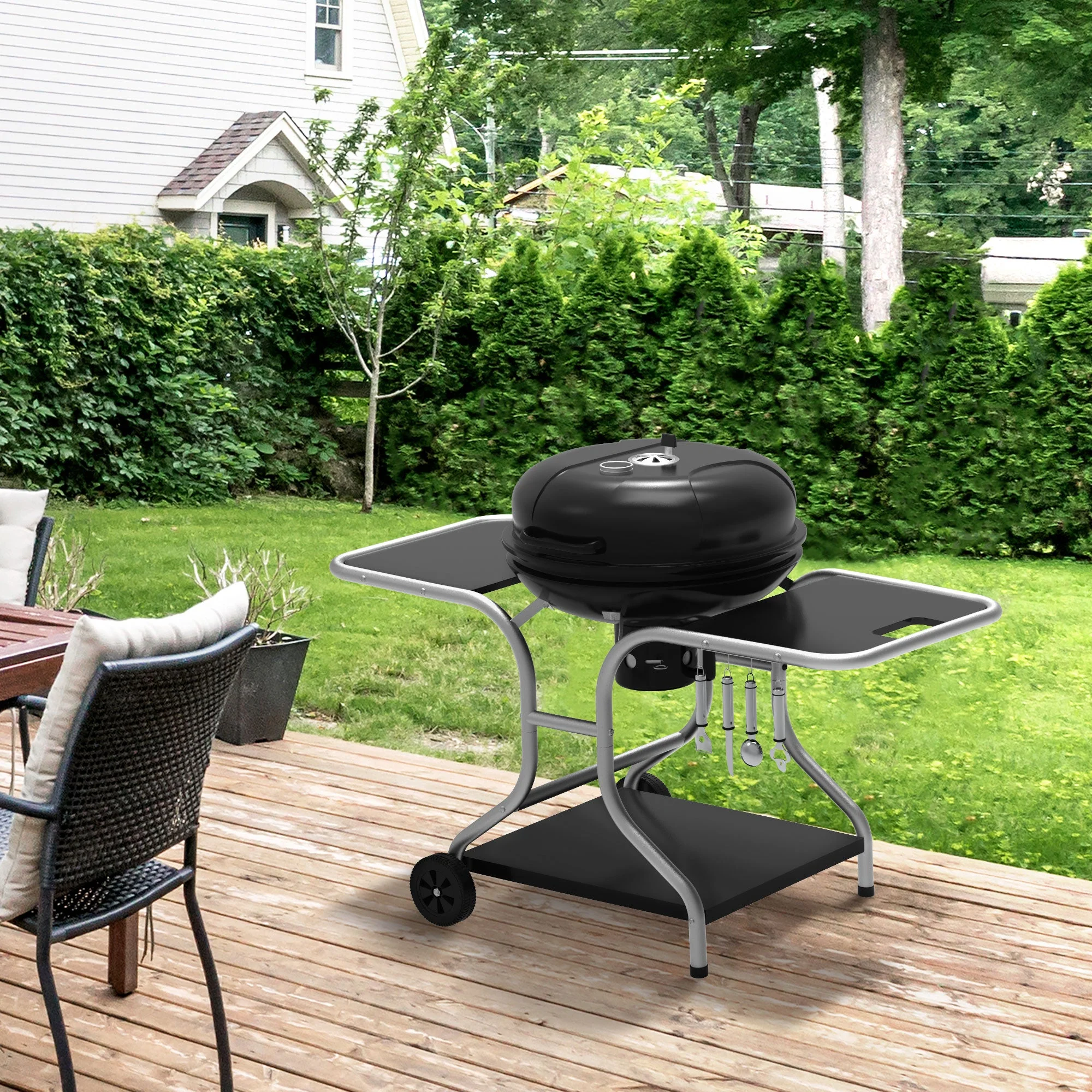 Portable Charcoal Kettle Grill Outdoor Barbecue Trolley BBQ Heat Smoker Grilling with Two wheels - Image 2