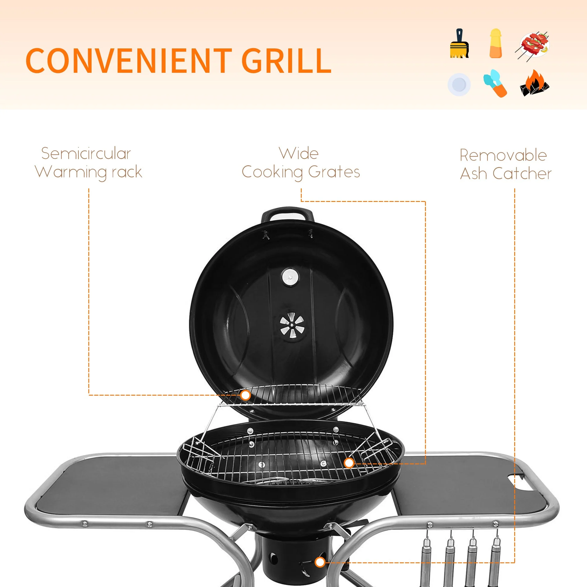 Portable Charcoal Kettle Grill Outdoor Barbecue Trolley BBQ Heat Smoker Grilling with Two wheels - Image 4