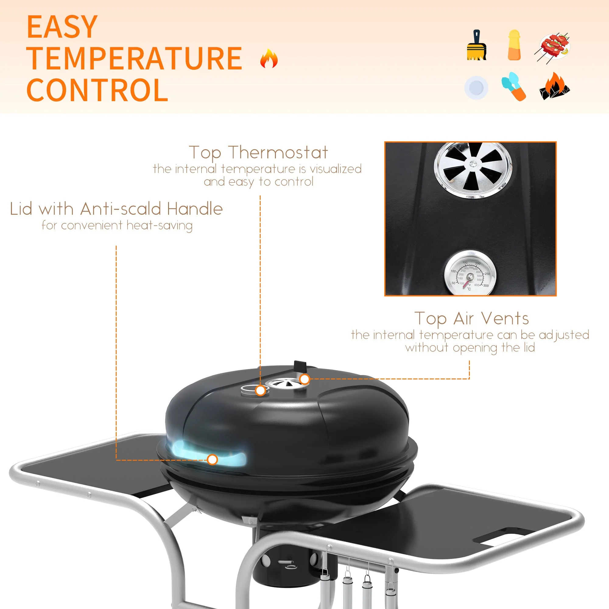 Portable Charcoal Kettle Grill Outdoor Barbecue Trolley BBQ Heat Smoker Grilling with Two wheels - Image 5