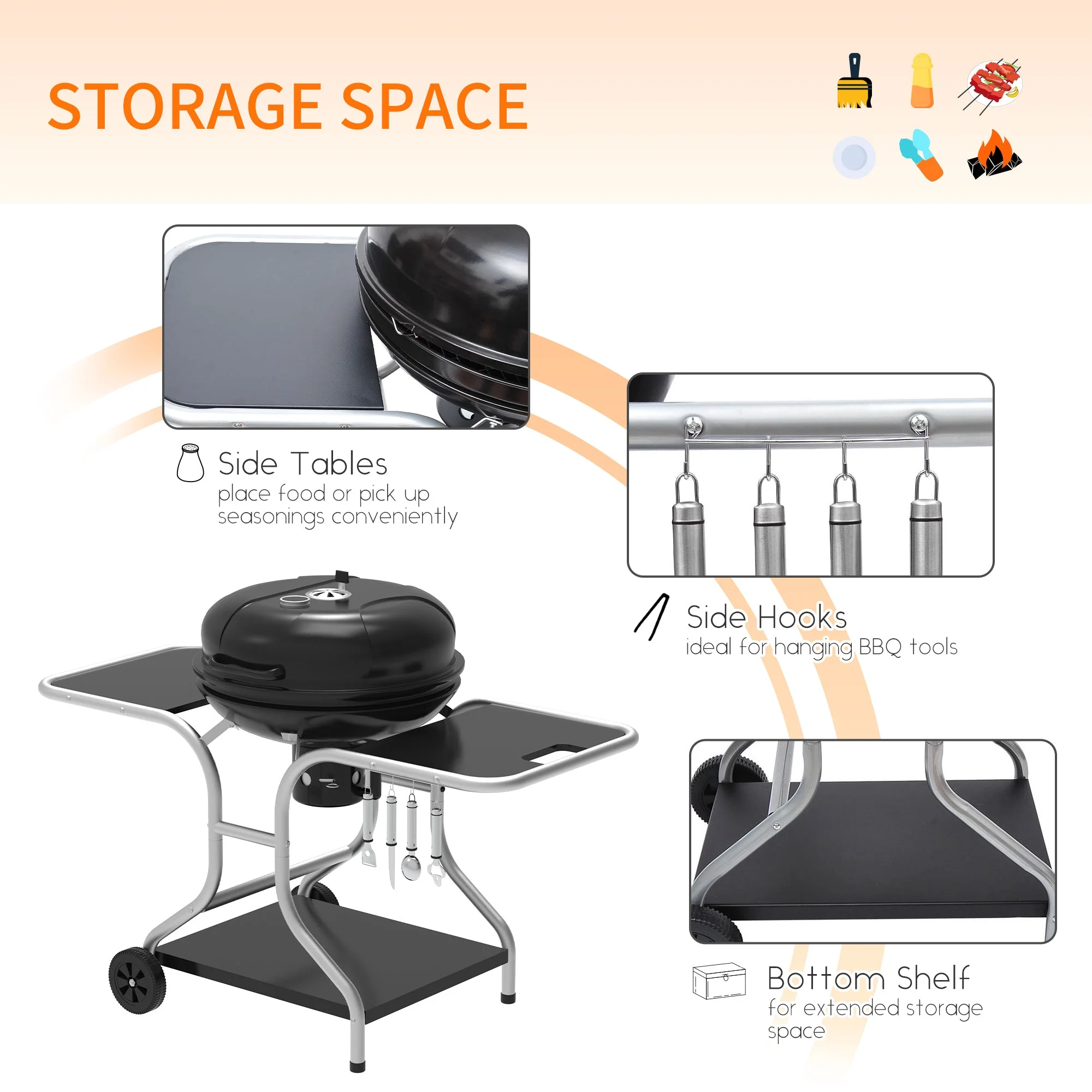 Portable Charcoal Kettle Grill Outdoor Barbecue Trolley BBQ Heat Smoker Grilling with Two wheels - Image 6
