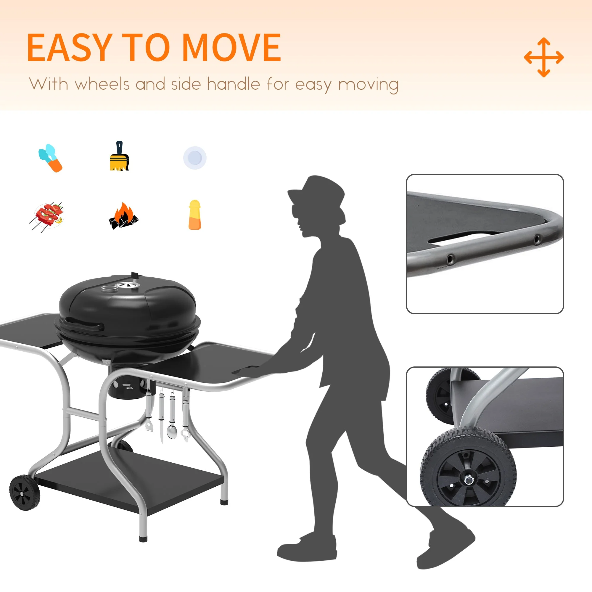 Portable Charcoal Kettle Grill Outdoor Barbecue Trolley BBQ Heat Smoker Grilling with Two wheels - Image 7