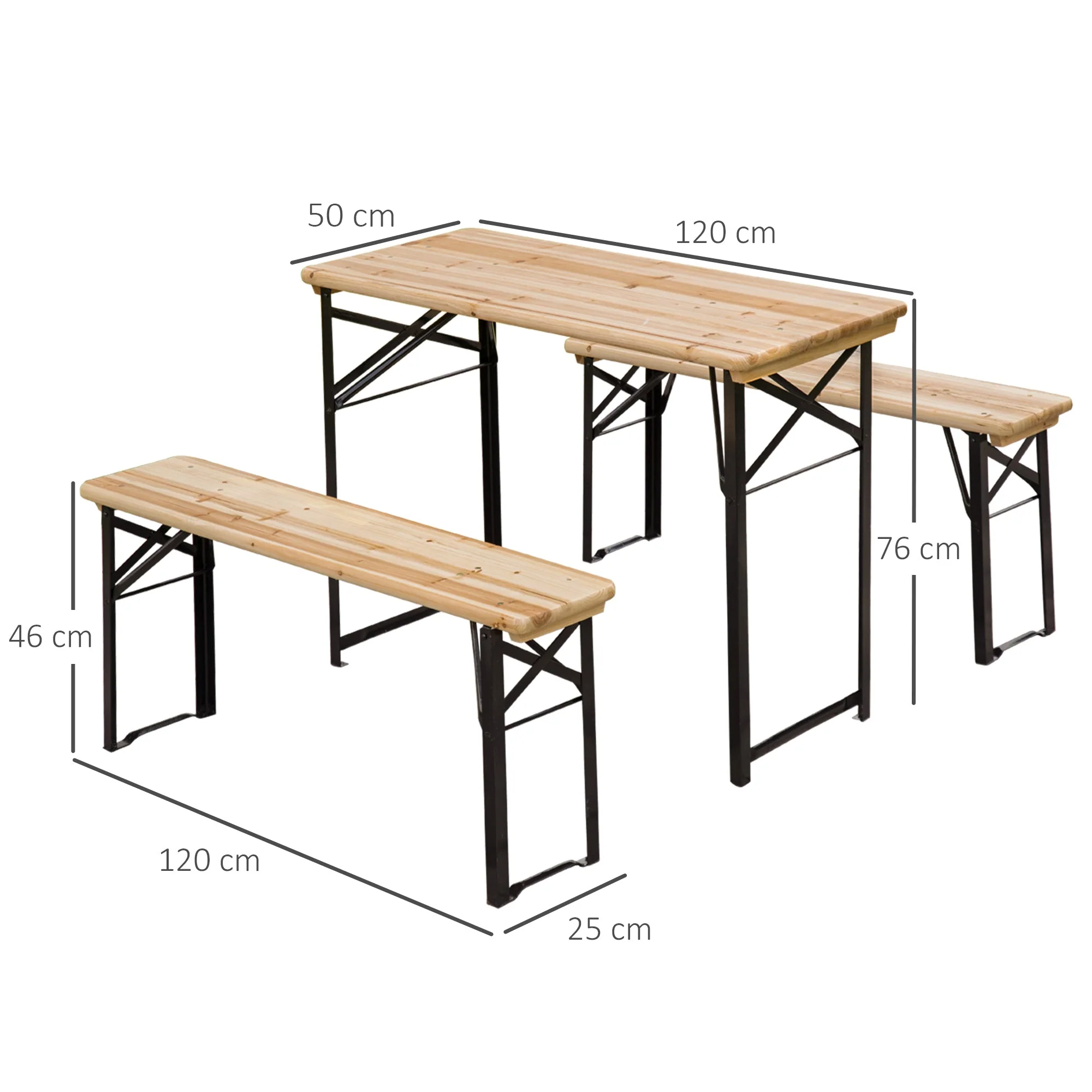 Portable Folding Camping Picnic Trestle Beer Table and Bench Set Garden BBQ Chairs Stools Wooden Wood 120cmL x 25cmW x 46cmH - Image 2