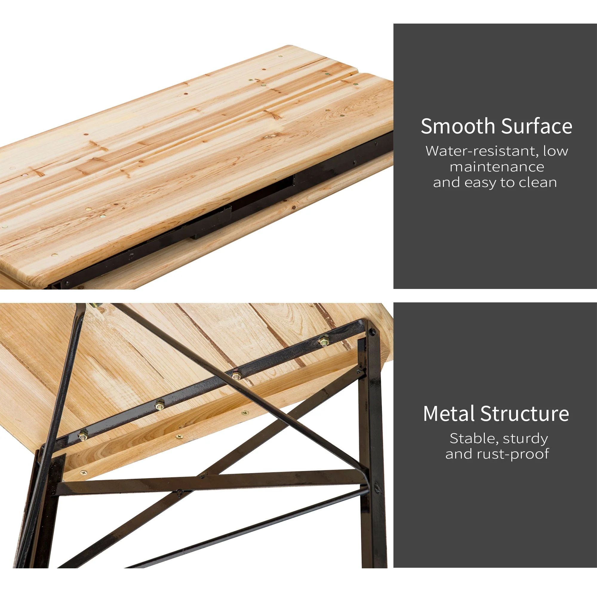 Portable Folding Camping Picnic Trestle Beer Table and Bench Set Garden BBQ Chairs Stools Wooden Wood 120cmL x 25cmW x 46cmH - Image 3