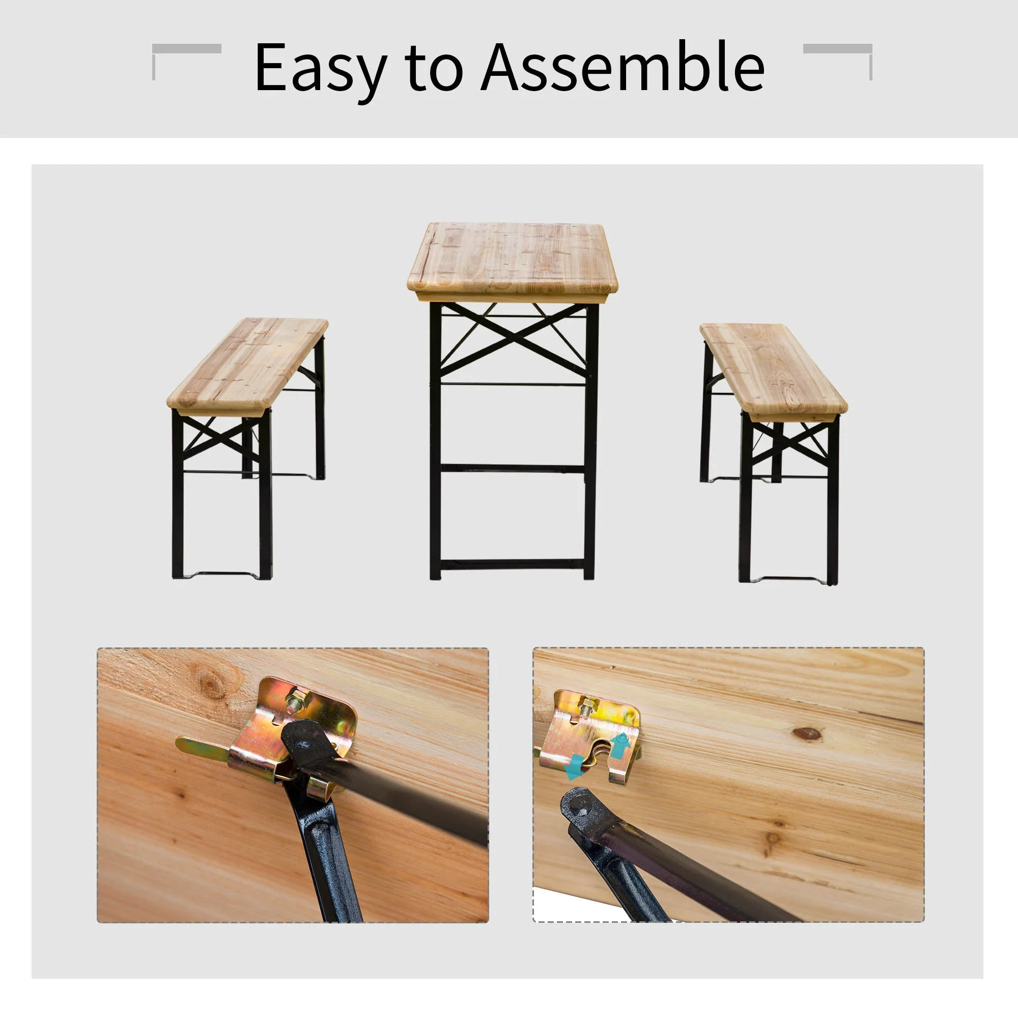 Portable Folding Camping Picnic Trestle Beer Table and Bench Set Garden BBQ Chairs Stools Wooden Wood 120cmL x 25cmW x 46cmH - Image 4