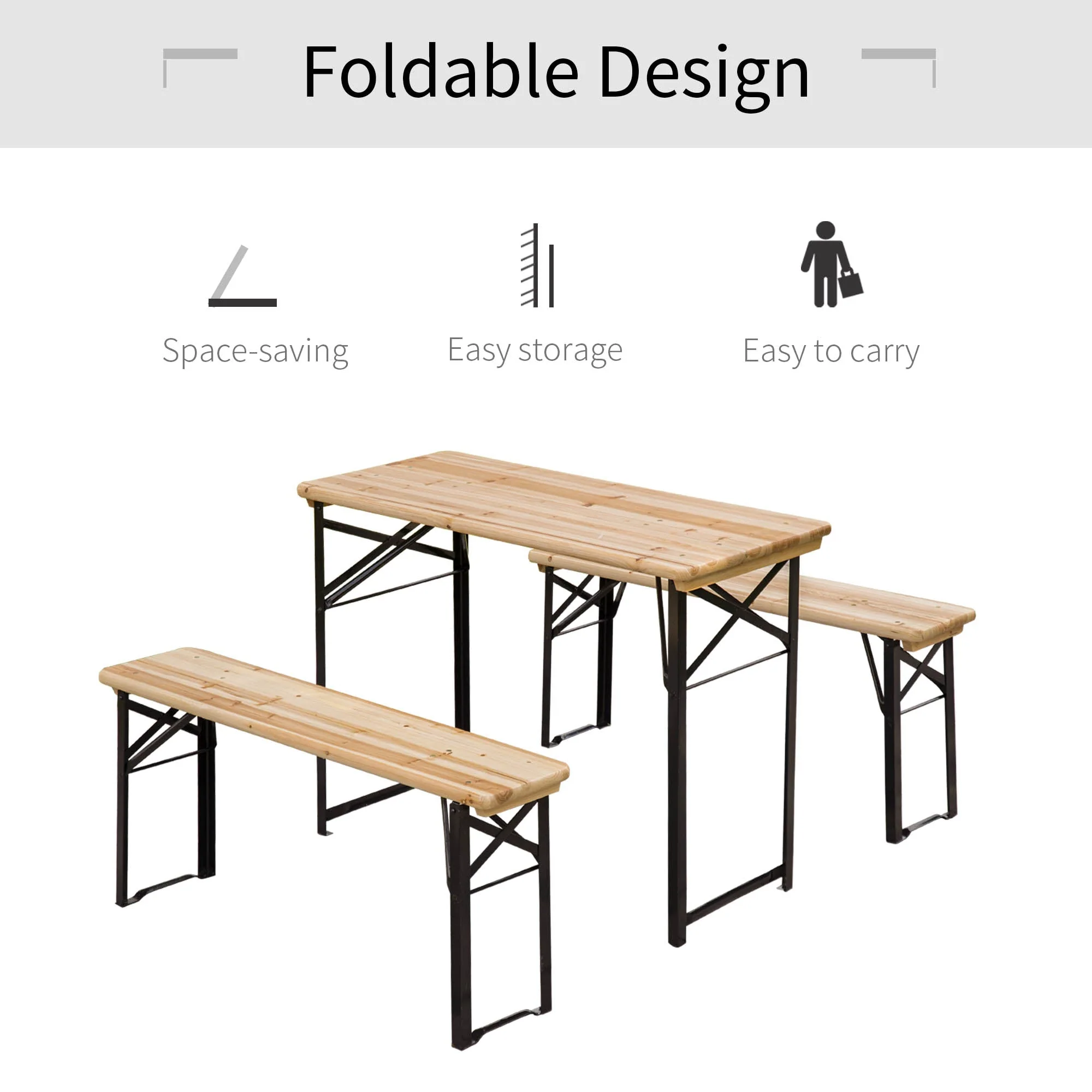 Portable Folding Camping Picnic Trestle Beer Table and Bench Set Garden BBQ Chairs Stools Wooden Wood 120cmL x 25cmW x 46cmH - Image 5