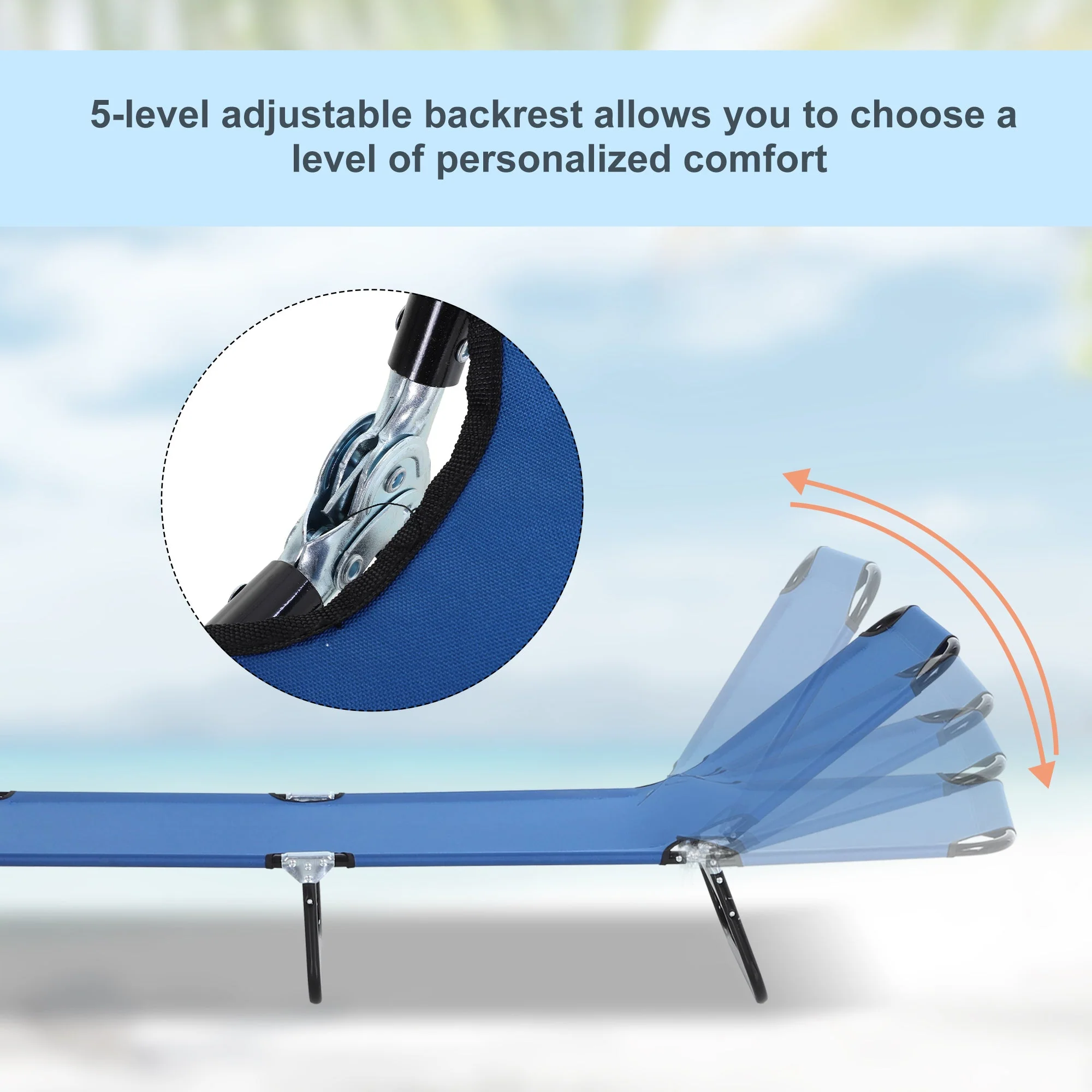 Portable Folding Sun Lounger With 5-Position Adjustable Backrest Relaxer Recliner with Lightweight Frame Great for Pool or Sun Bathing Blue - Image 4