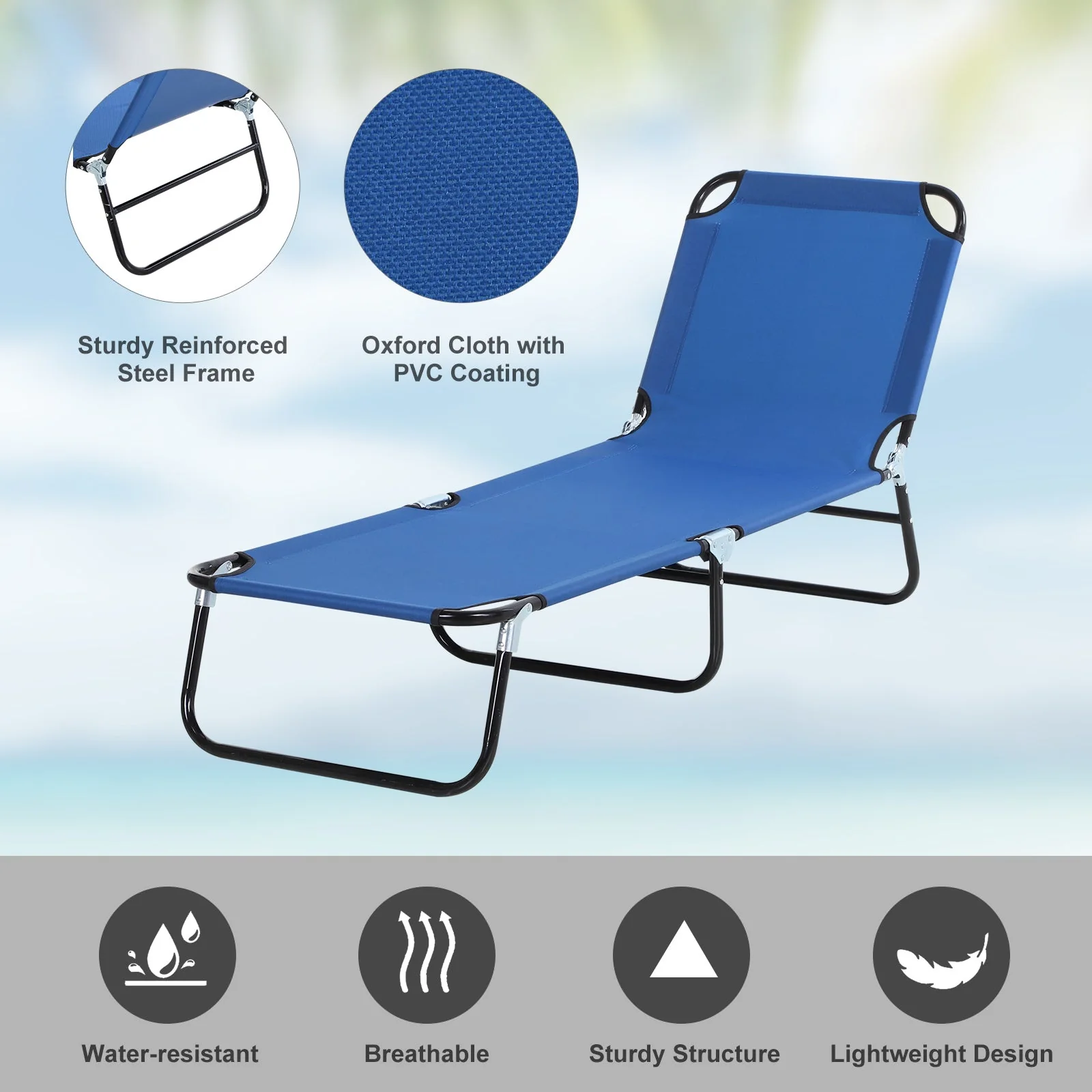 Portable Folding Sun Lounger With 5-Position Adjustable Backrest Relaxer Recliner with Lightweight Frame Great for Pool or Sun Bathing Blue - Image 5