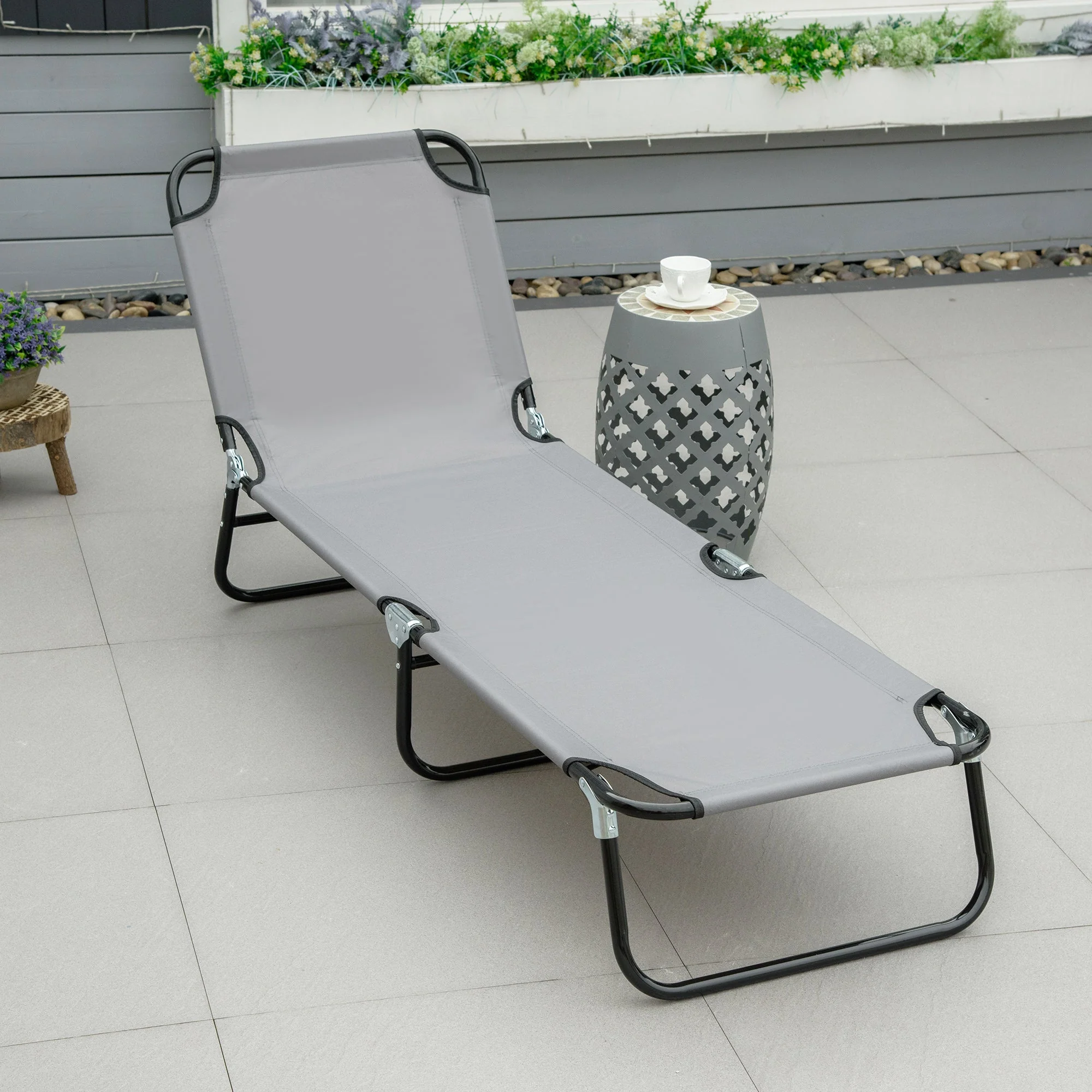 Portable Folding Sun Lounger With 5-Position Adjustable Backrest Relaxer Recliner with Lightweight Frame Great for Pool or Sun Bathing Grey - Image 2
