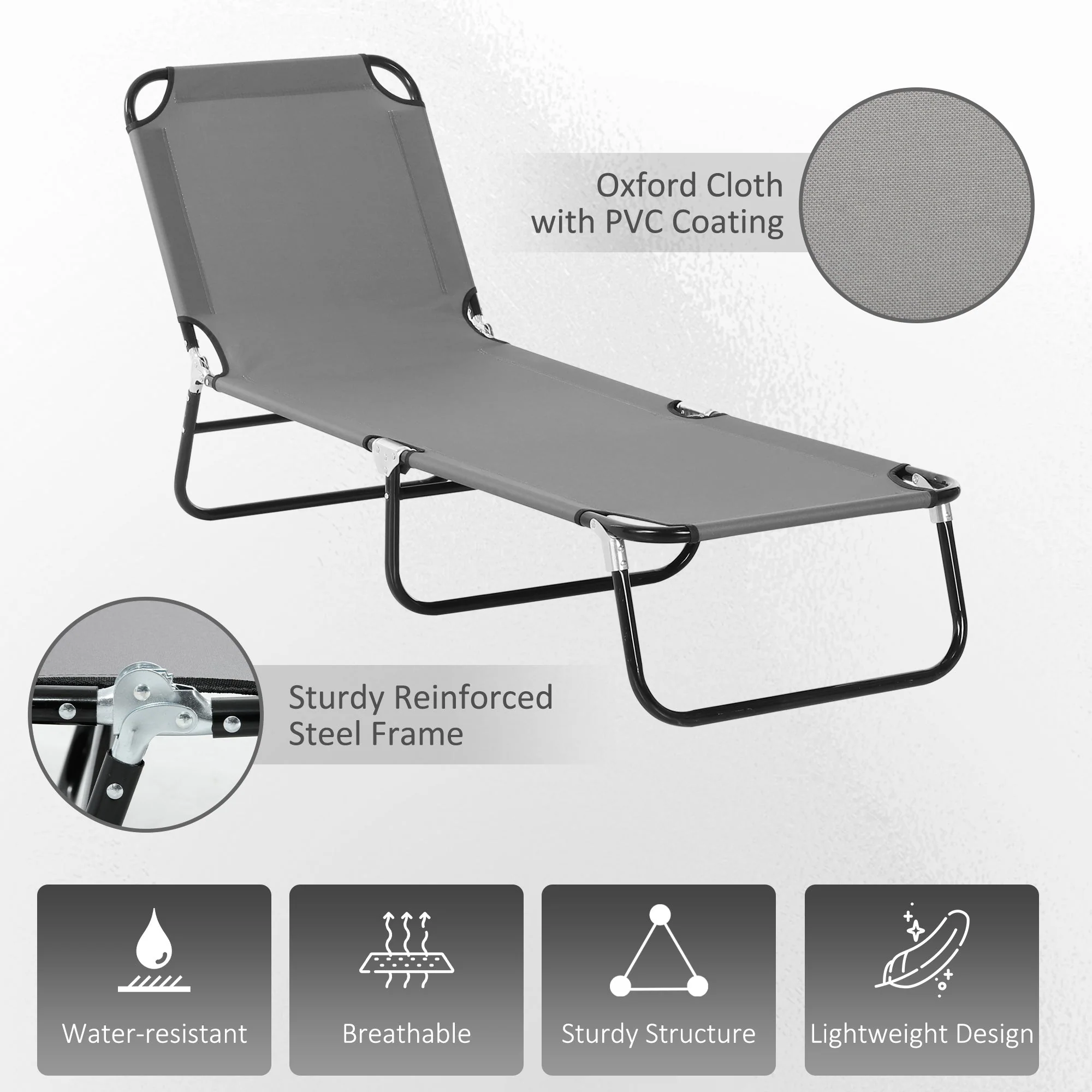 Portable Folding Sun Lounger With 5-Position Adjustable Backrest Relaxer Recliner with Lightweight Frame Great for Pool or Sun Bathing Grey - Image 5