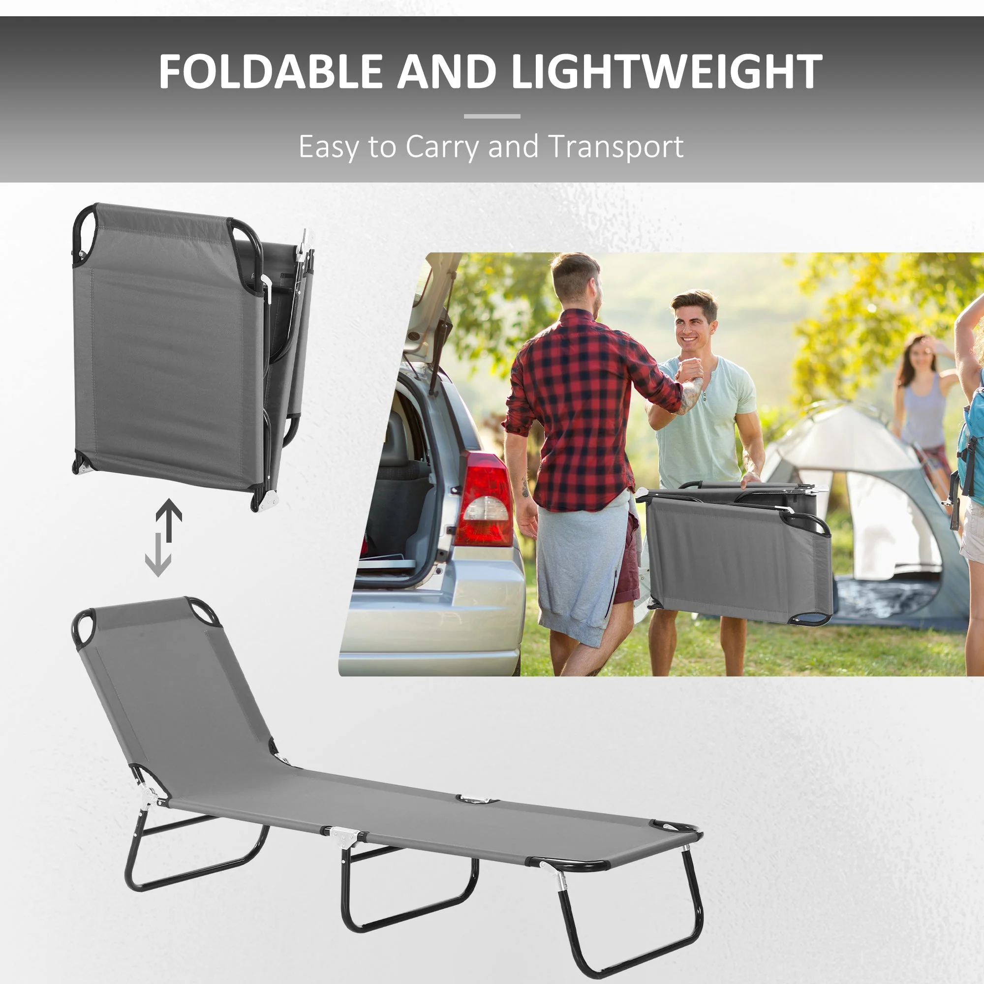 Portable Folding Sun Lounger With 5-Position Adjustable Backrest Relaxer Recliner with Lightweight Frame Great for Pool or Sun Bathing Grey - Image 6