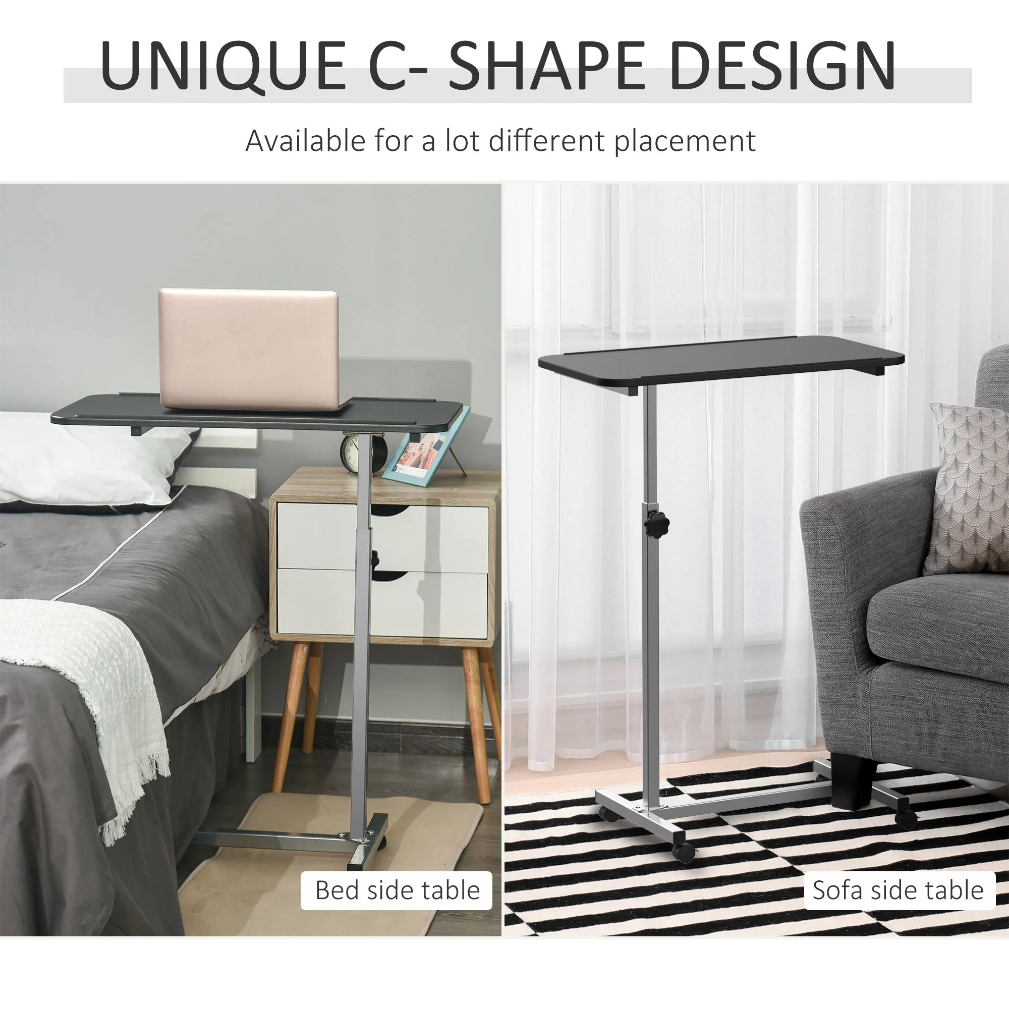 Portable Overbed/Chair Table Sofa Side Notebook Laptop Desk PC Stand Height Adjustable w/ Lockable 4 Castors & Wooden Top - Black - Image 3