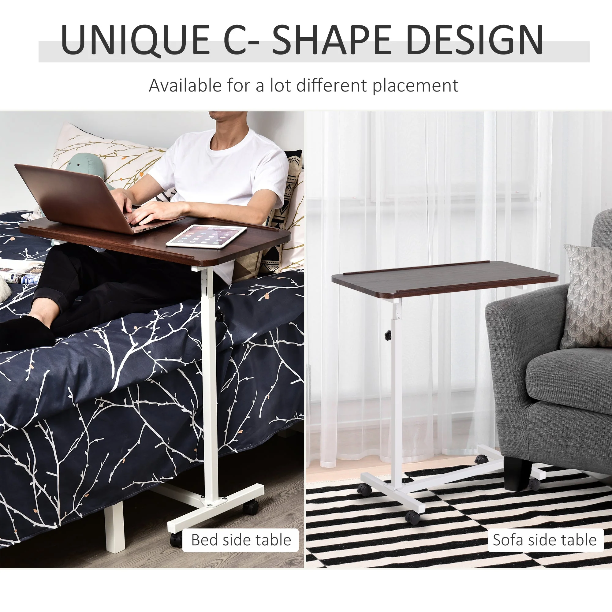 Portable Overbed/Chair Table Sofa Side Notebook Laptop Desk PC Stand Height Adjustable w/ Lockable 4 Castors & Wooden Top - Brown - Image 3