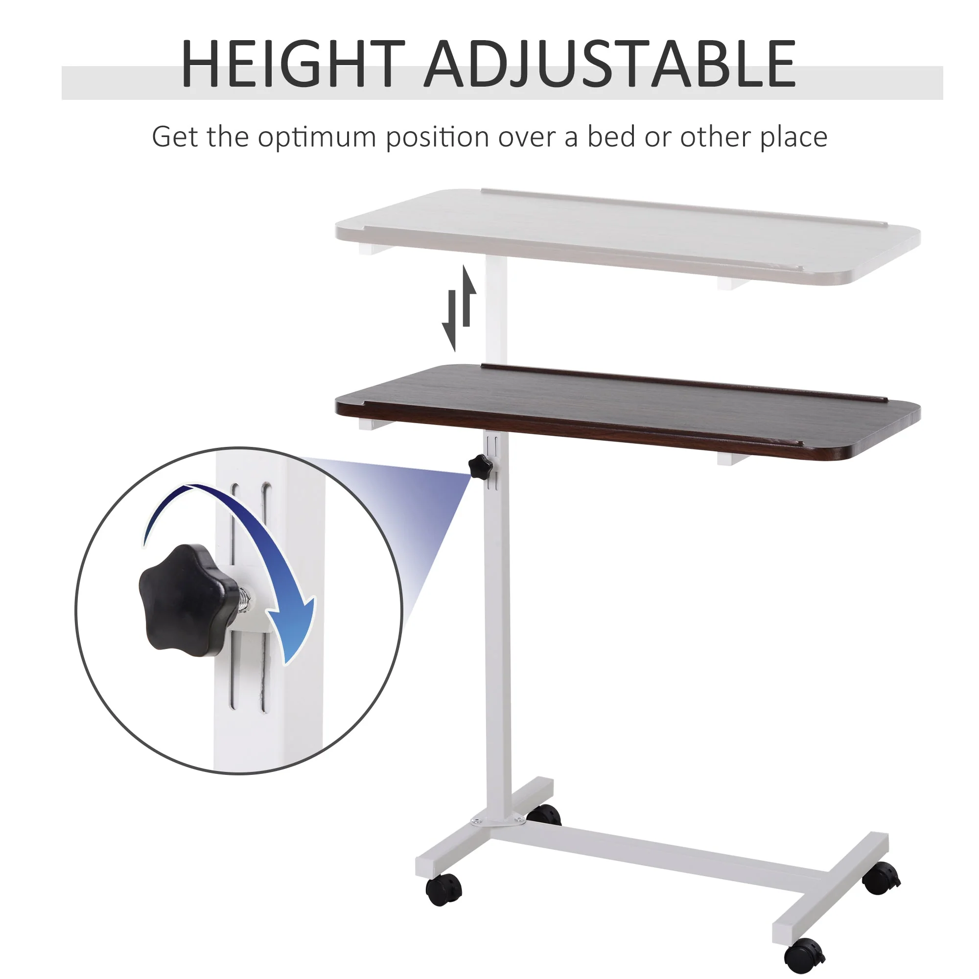 Portable Overbed/Chair Table Sofa Side Notebook Laptop Desk PC Stand Height Adjustable w/ Lockable 4 Castors & Wooden Top - Brown - Image 4